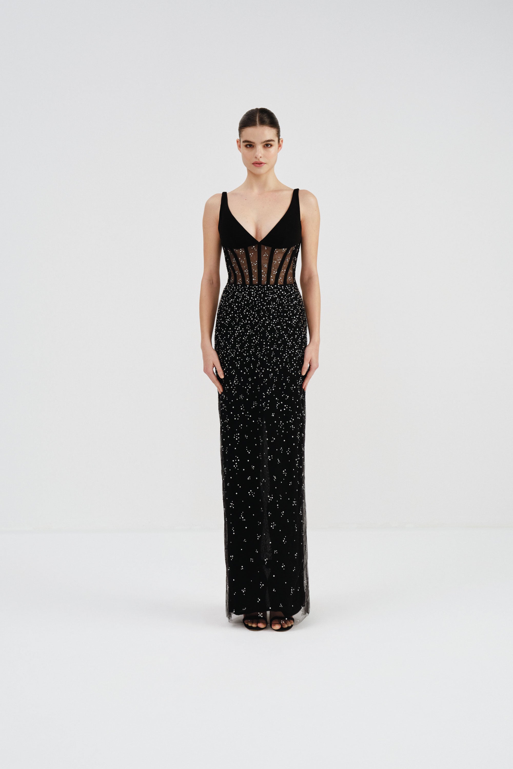 Crystal Embellished Dress with Corset Detail | Nicole+Felicia Crystal Embellished Dress with Corset Detail | Nicole+Felicia