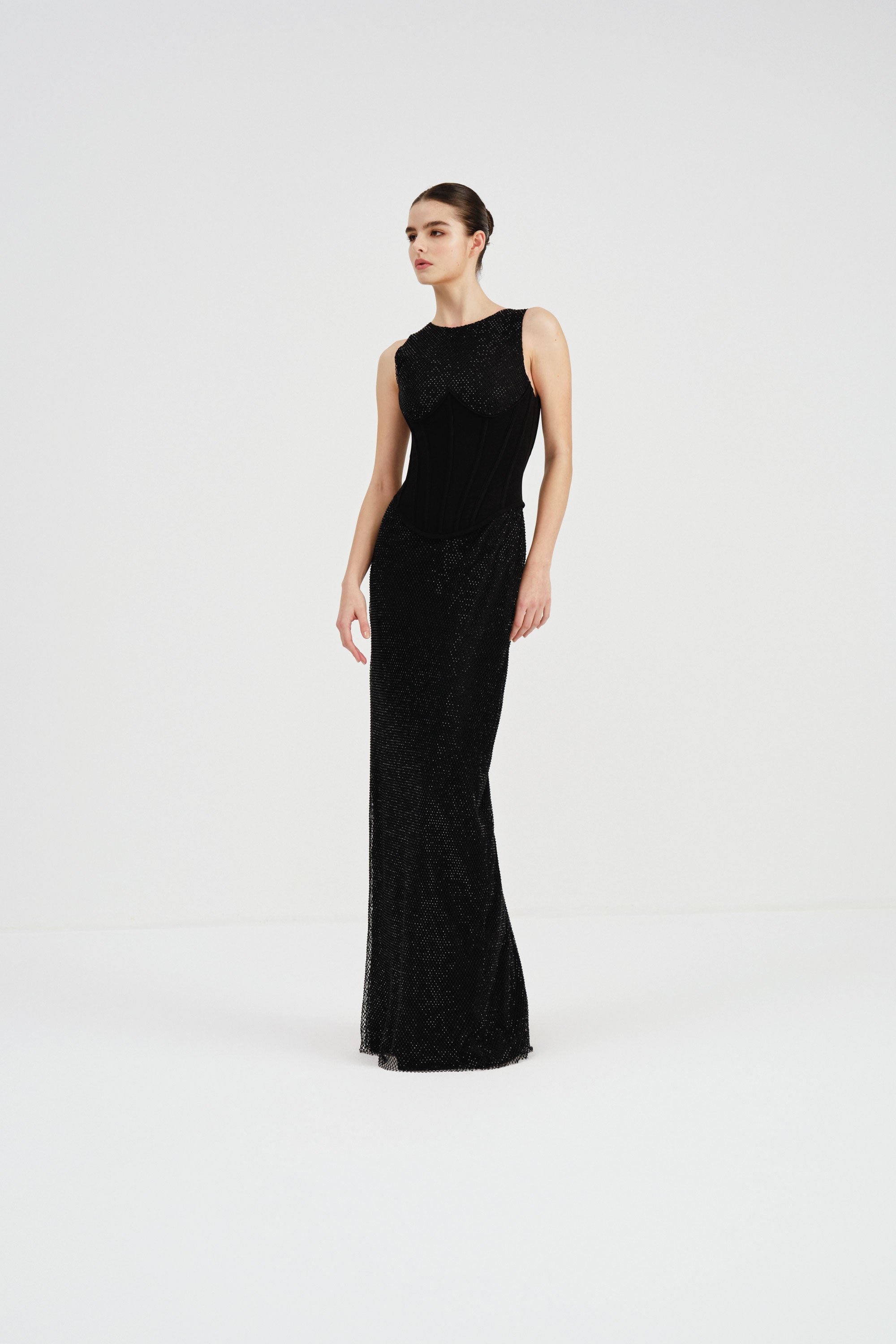 Crystal Mesh Dress with Crepe Corset