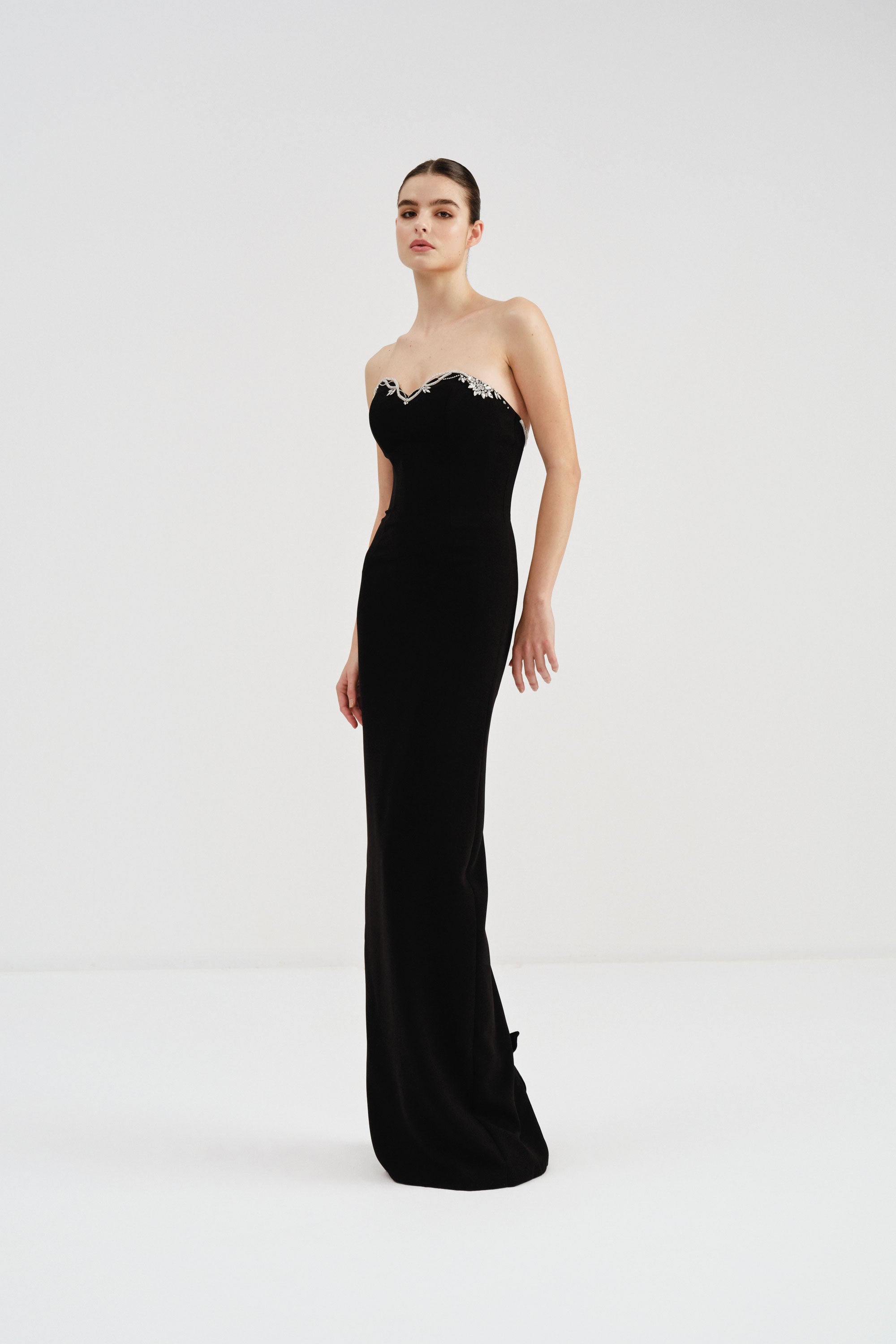 Crepe Dress with Crystal Embellished Neckline Crepe Dress with Crystal Embellished Neckline