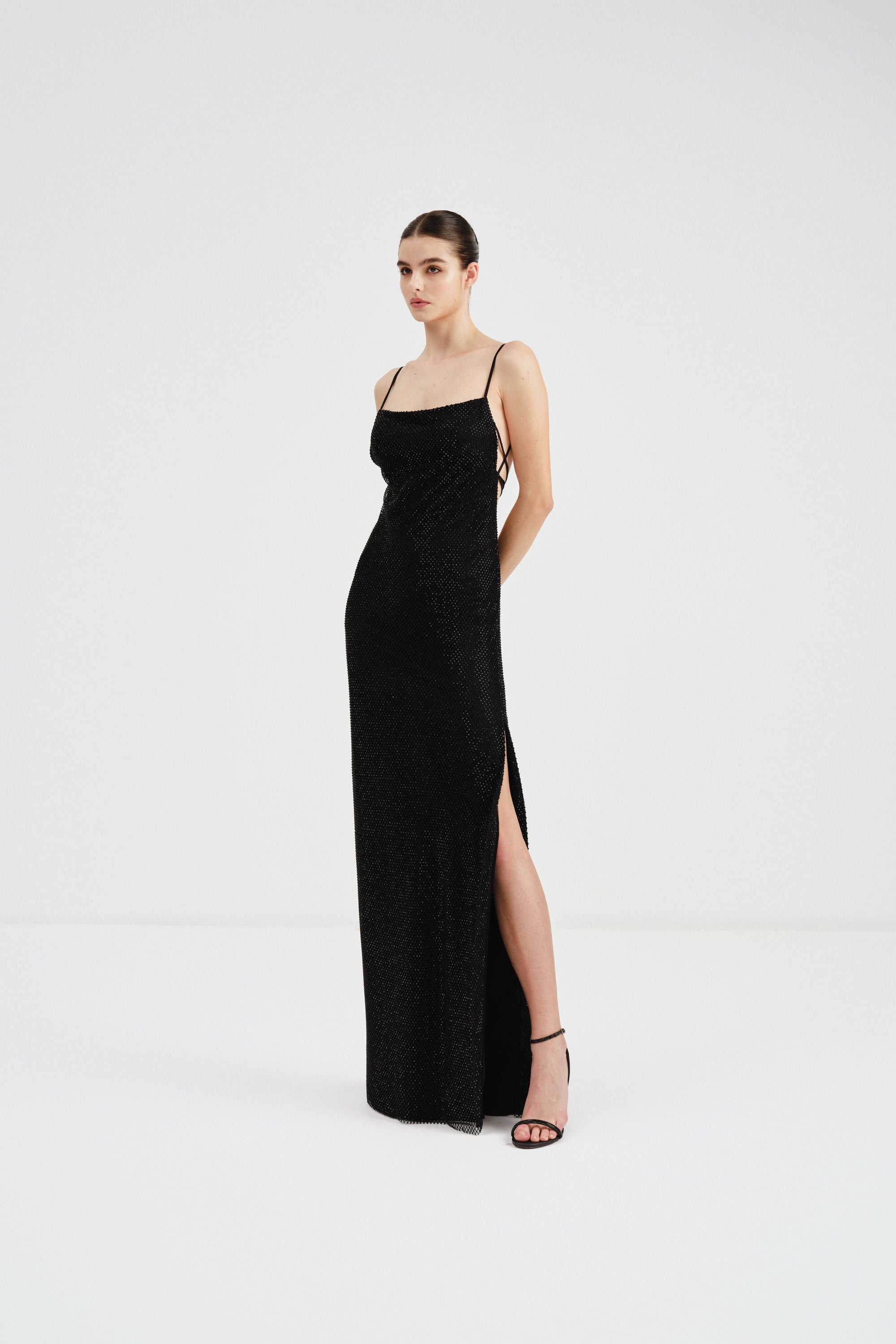 Crystal Mesh Dress with Lace-Up Back | Nicole+Felicia Crystal Mesh Dress with Lace-Up Back | Nicole+Felicia