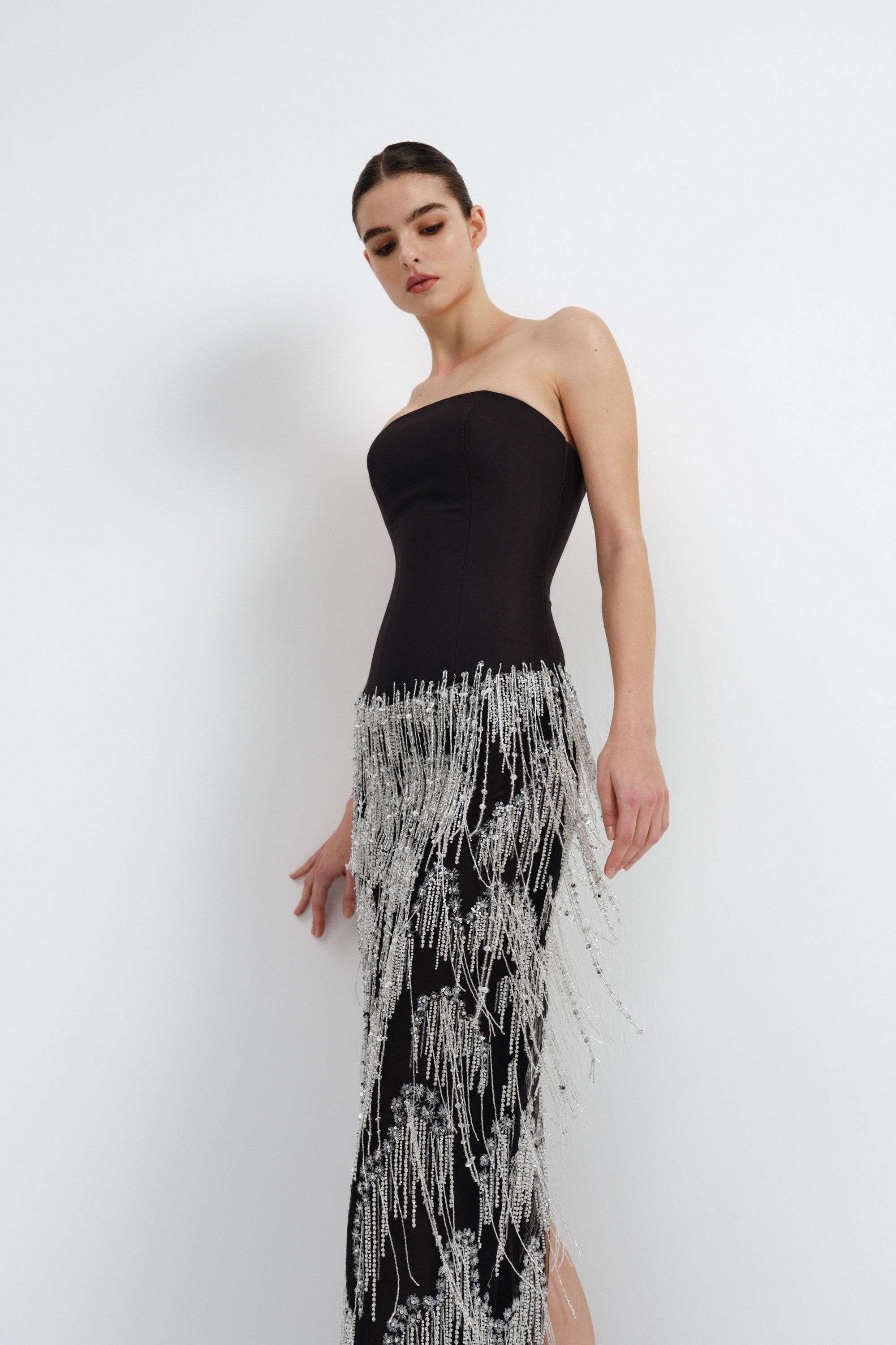 Mikado Dress with Beaded Fringe Skirt | Nicole+Felicia