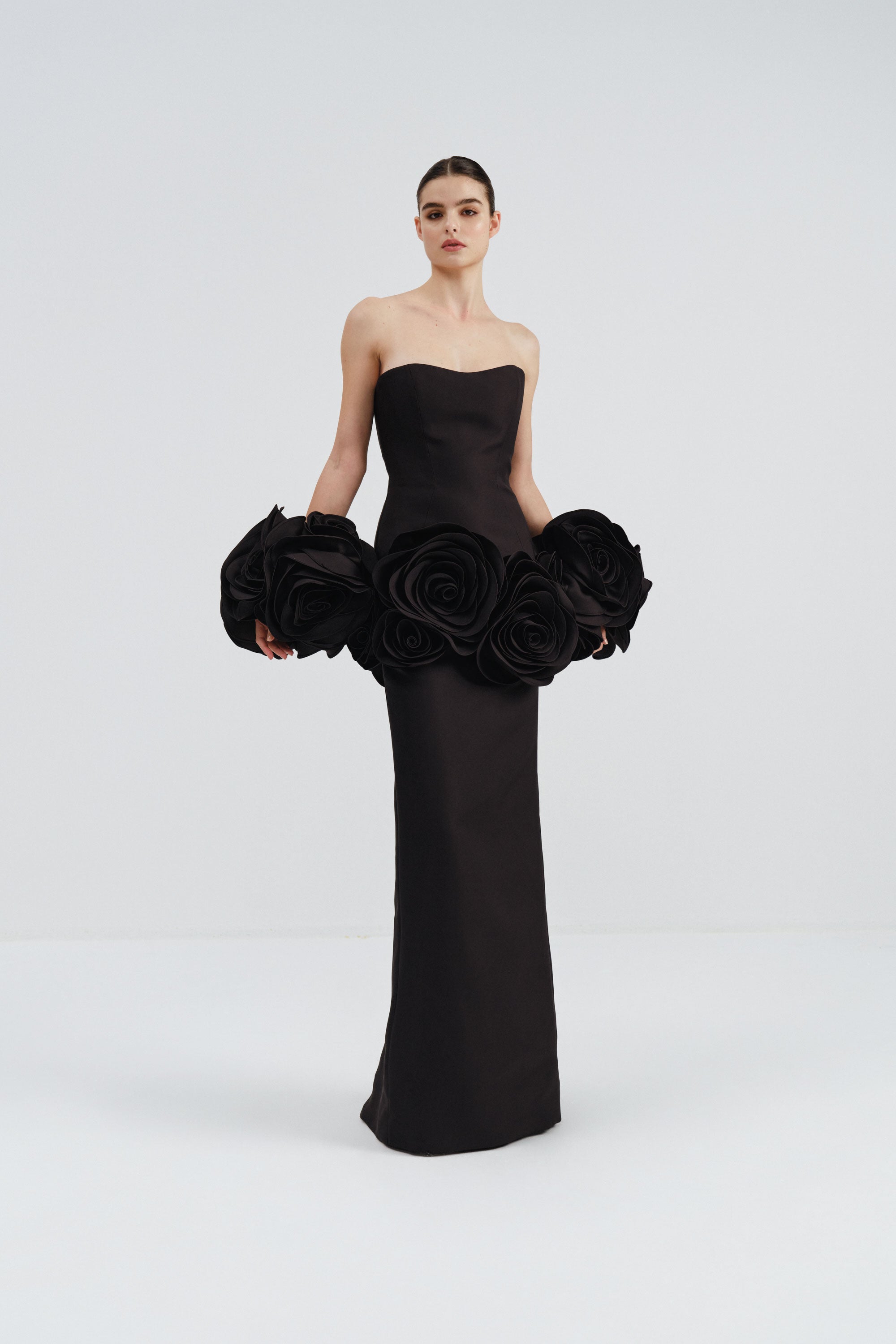 Strapless Dress with Flower Embellishments in Black | Nicole+Felicia Strapless Dress with Flower Embellishments in Black | Nicole+Felicia