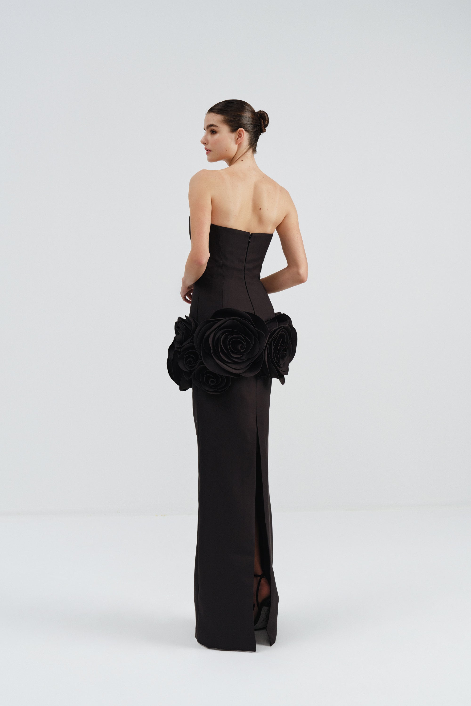 Strapless Dress with Flower Embellishments in Black | Nicole+Felicia