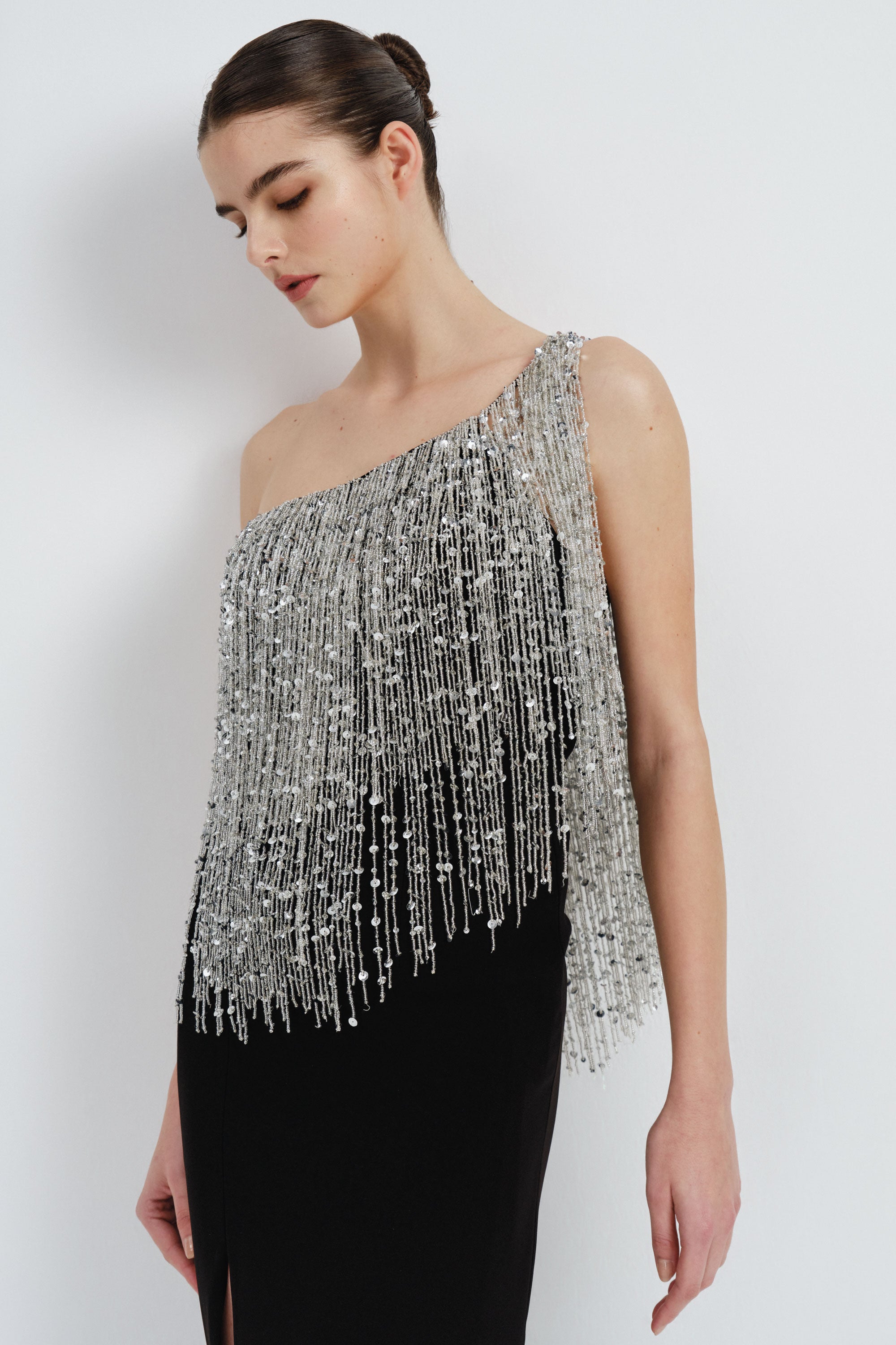 One-Shoulder Crepe Dress with Beaded Fringe Detail One-Shoulder Crepe Dress with Beaded Fringe Detail