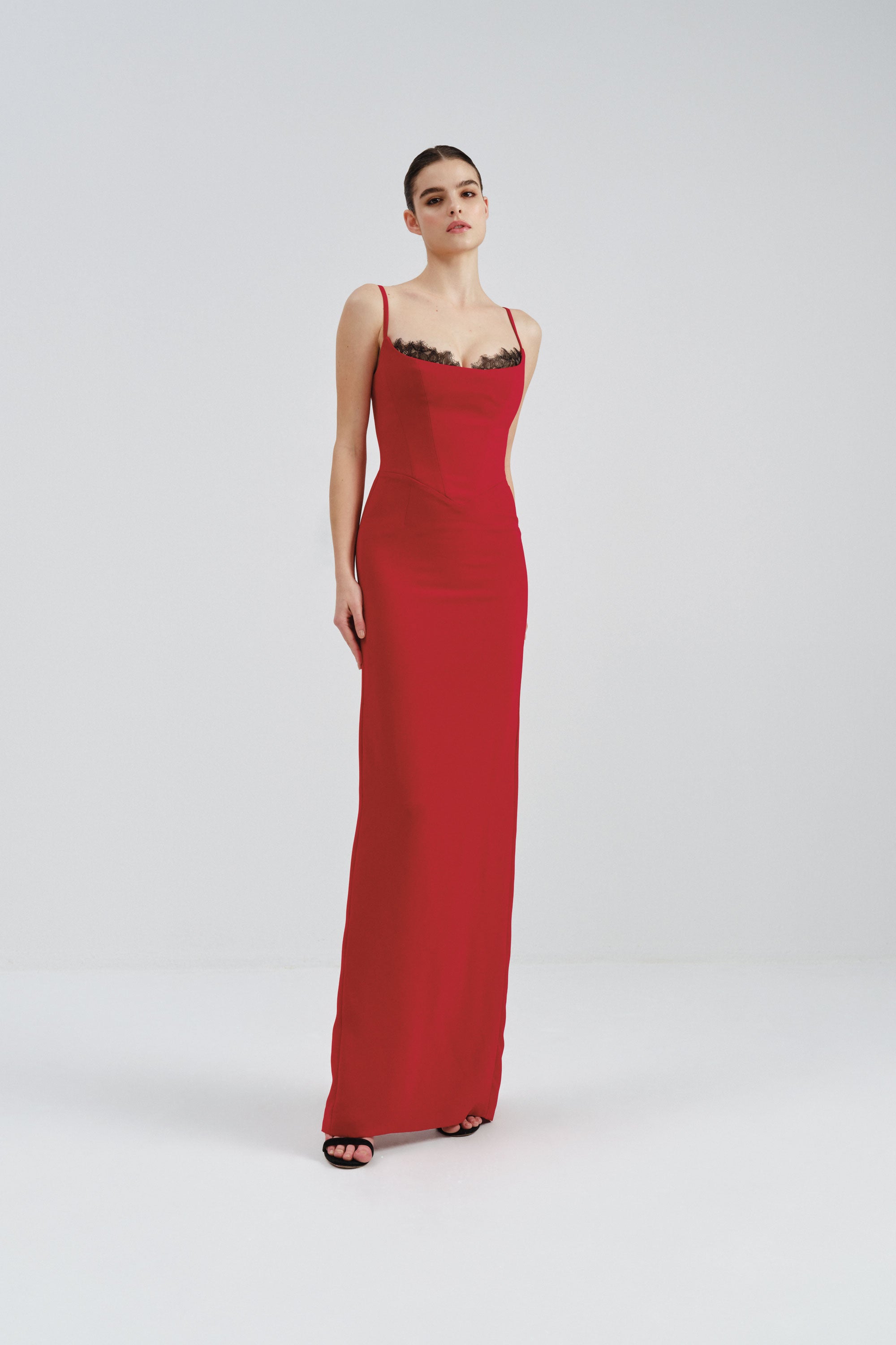 Crepe Dress with Lace Detail in Red | Nicole+Felicia Crepe Dress with Lace Detail in Red | Nicole+Felicia