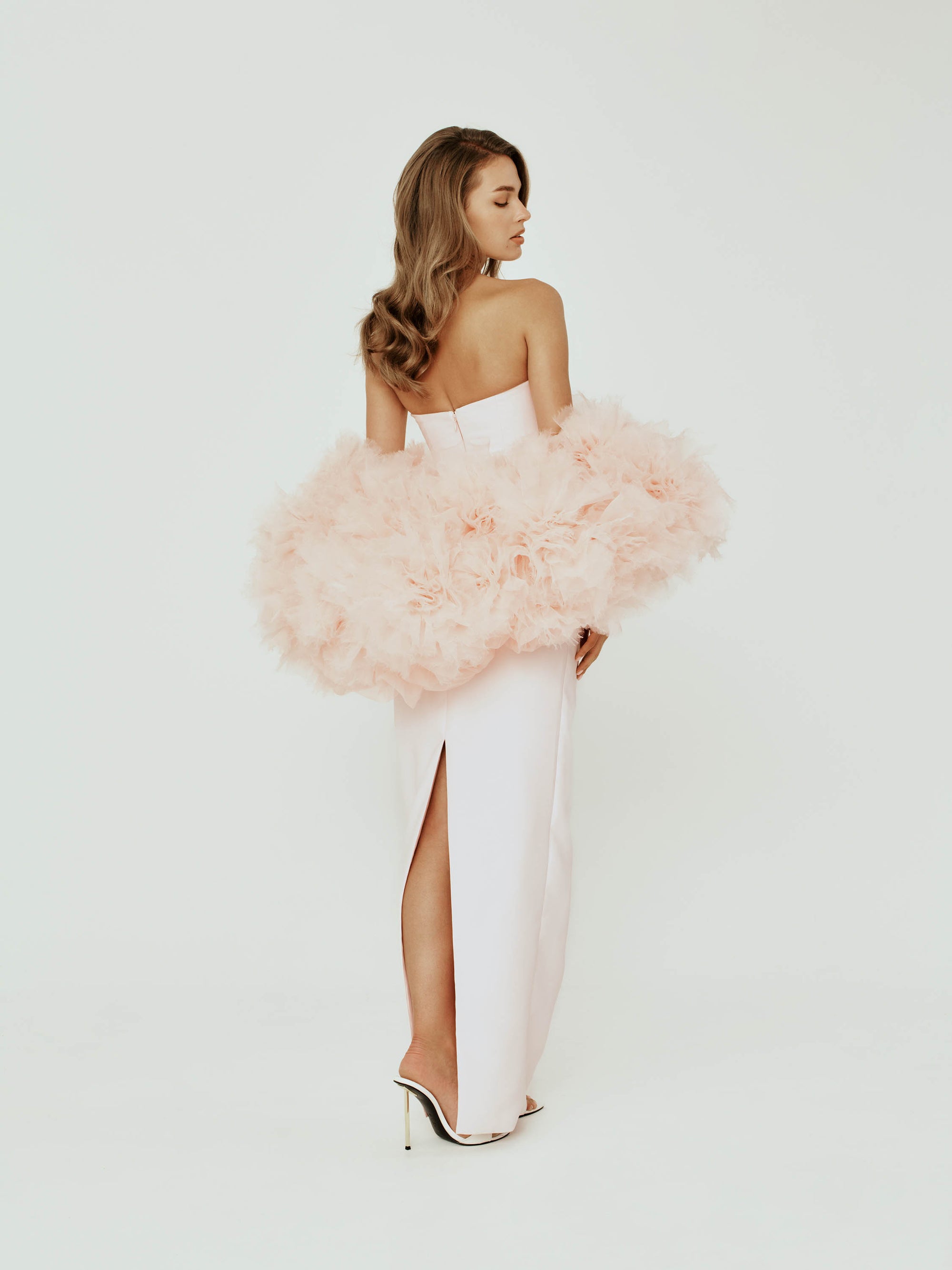 Strapless Cateye Column Dress with Organza Ruffle Bolero