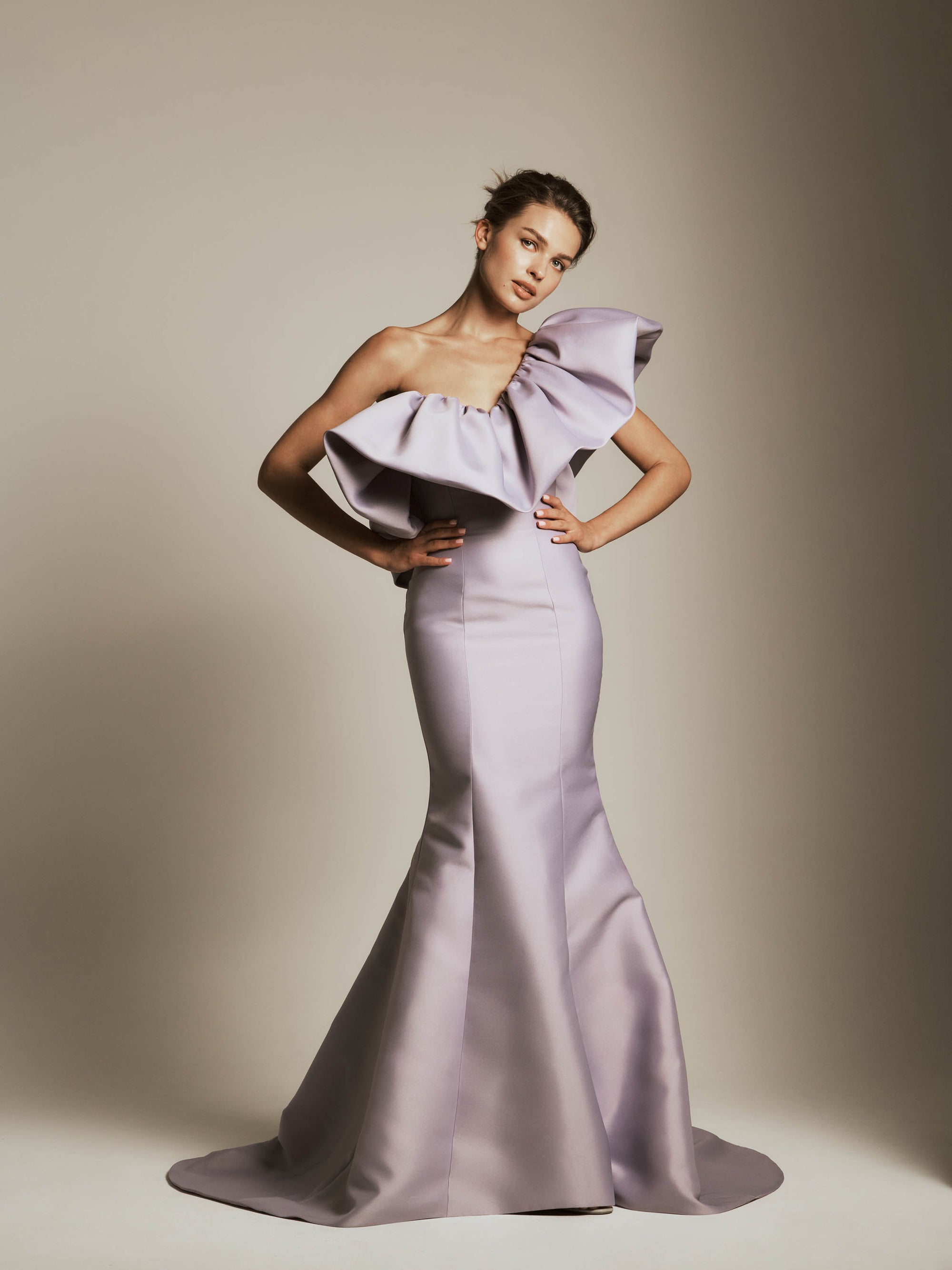 One Shoulder Mikado Dress with Ruffle Detail