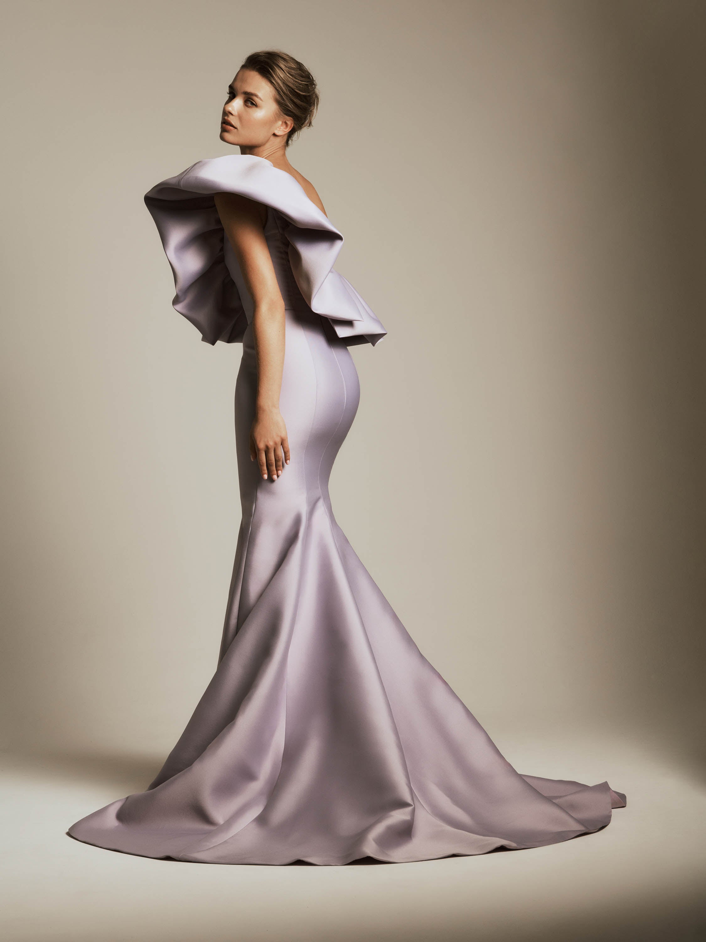 One Shoulder Mikado Dress with Ruffle Detail