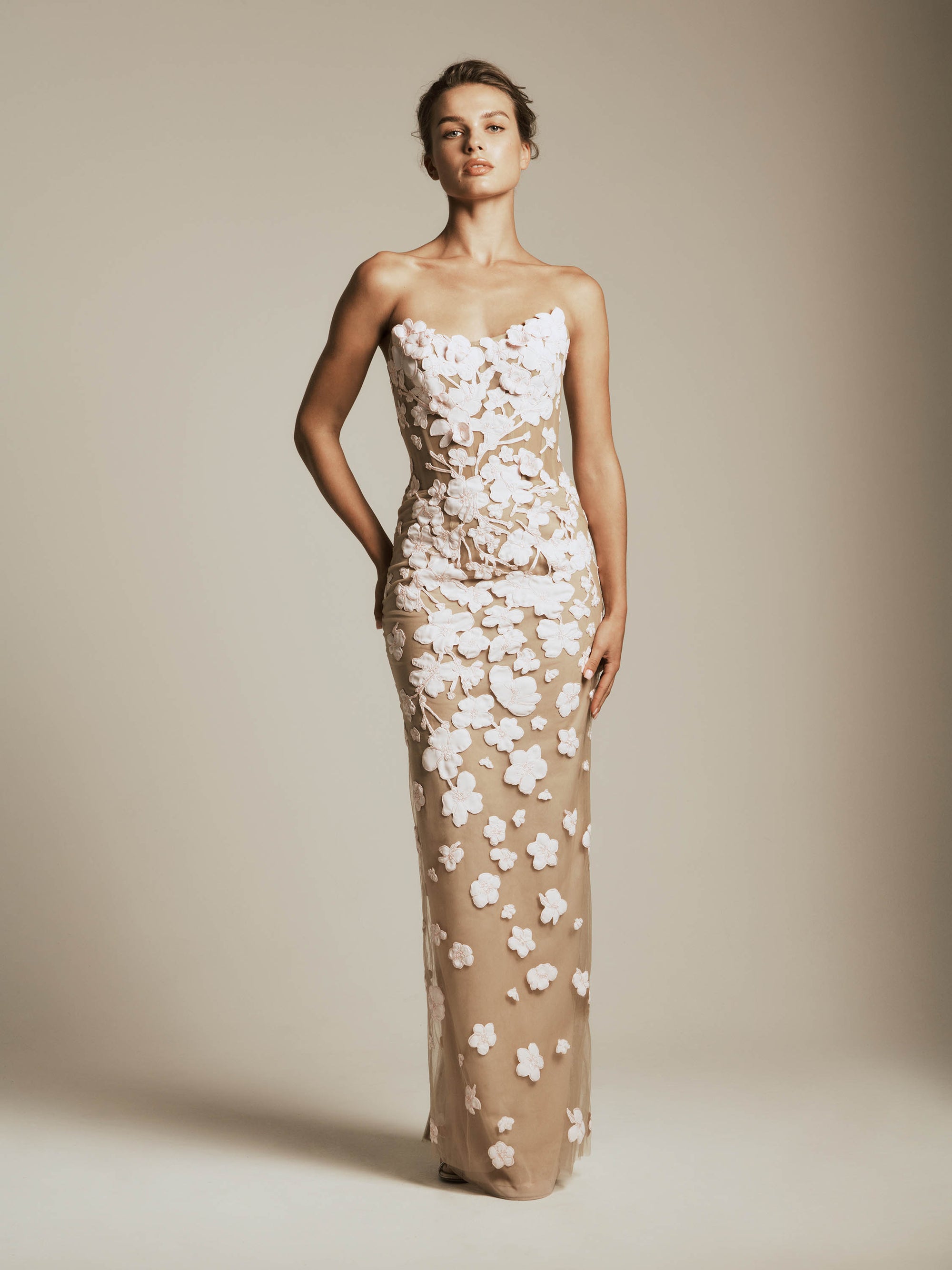 Column Dress with Mikado Flower Appliques