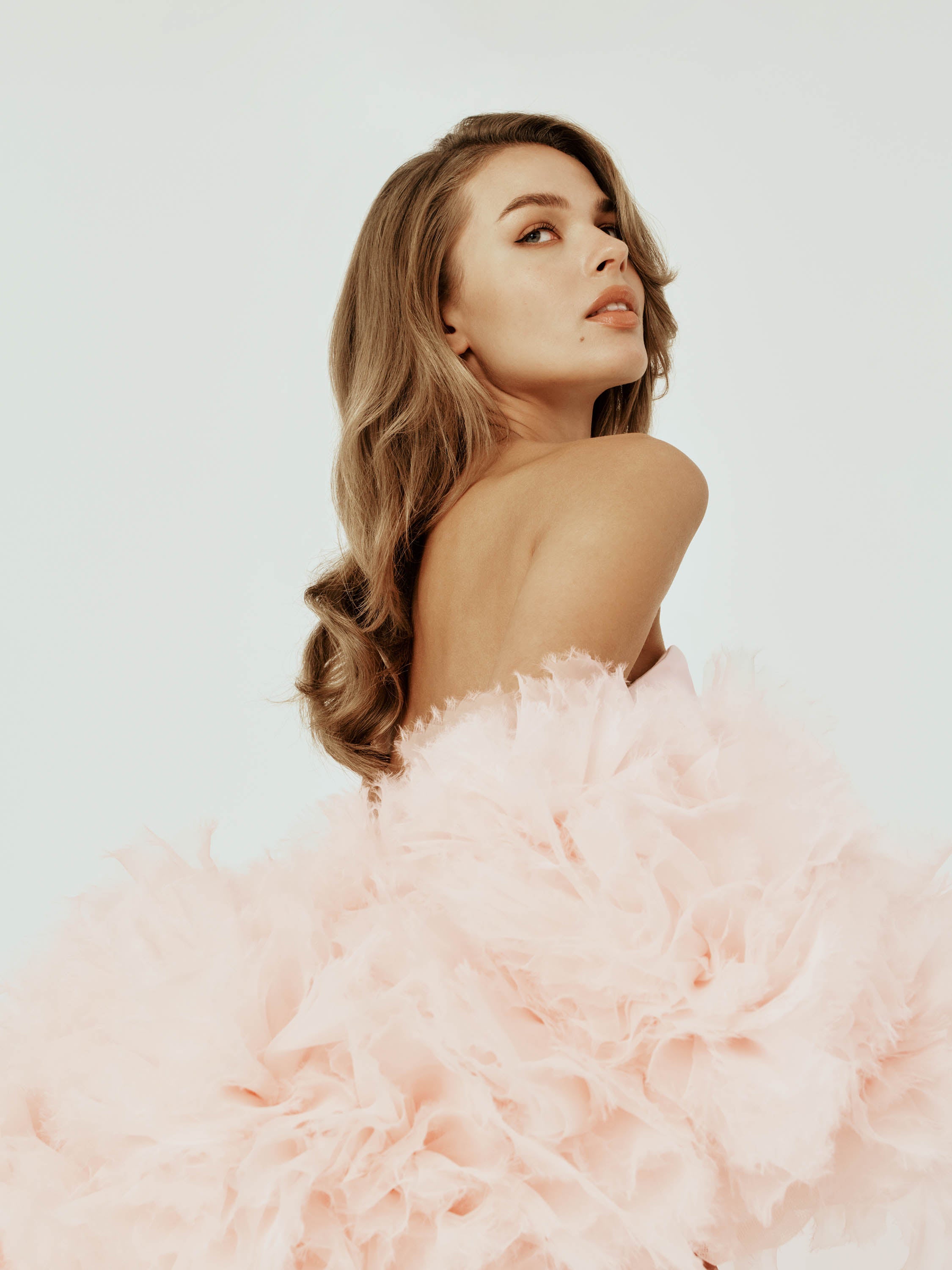 Strapless Cateye Column Dress with Organza Ruffle Bolero