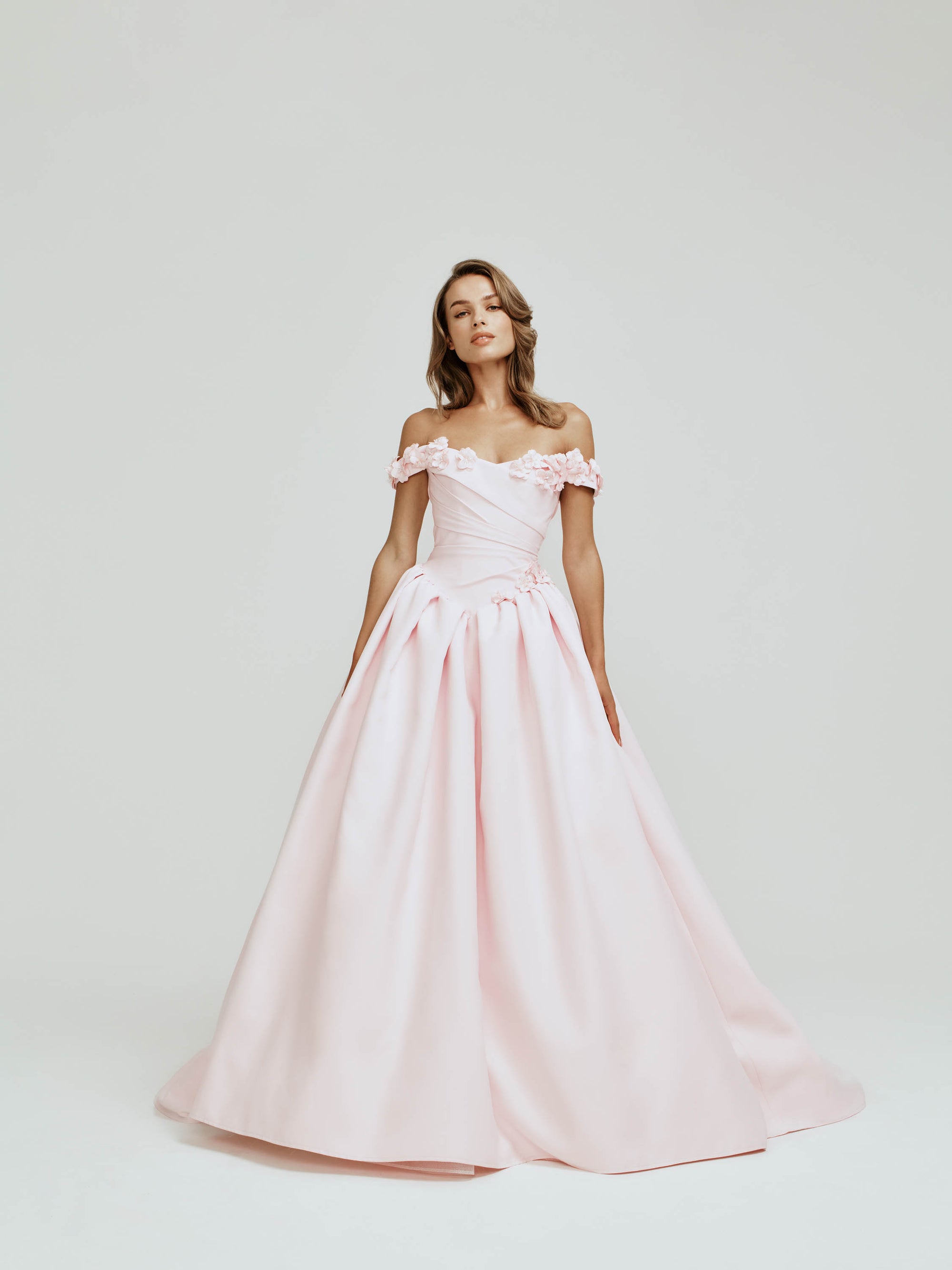 Off-the-shoulder Basque Waist Dress with Flower Appliques