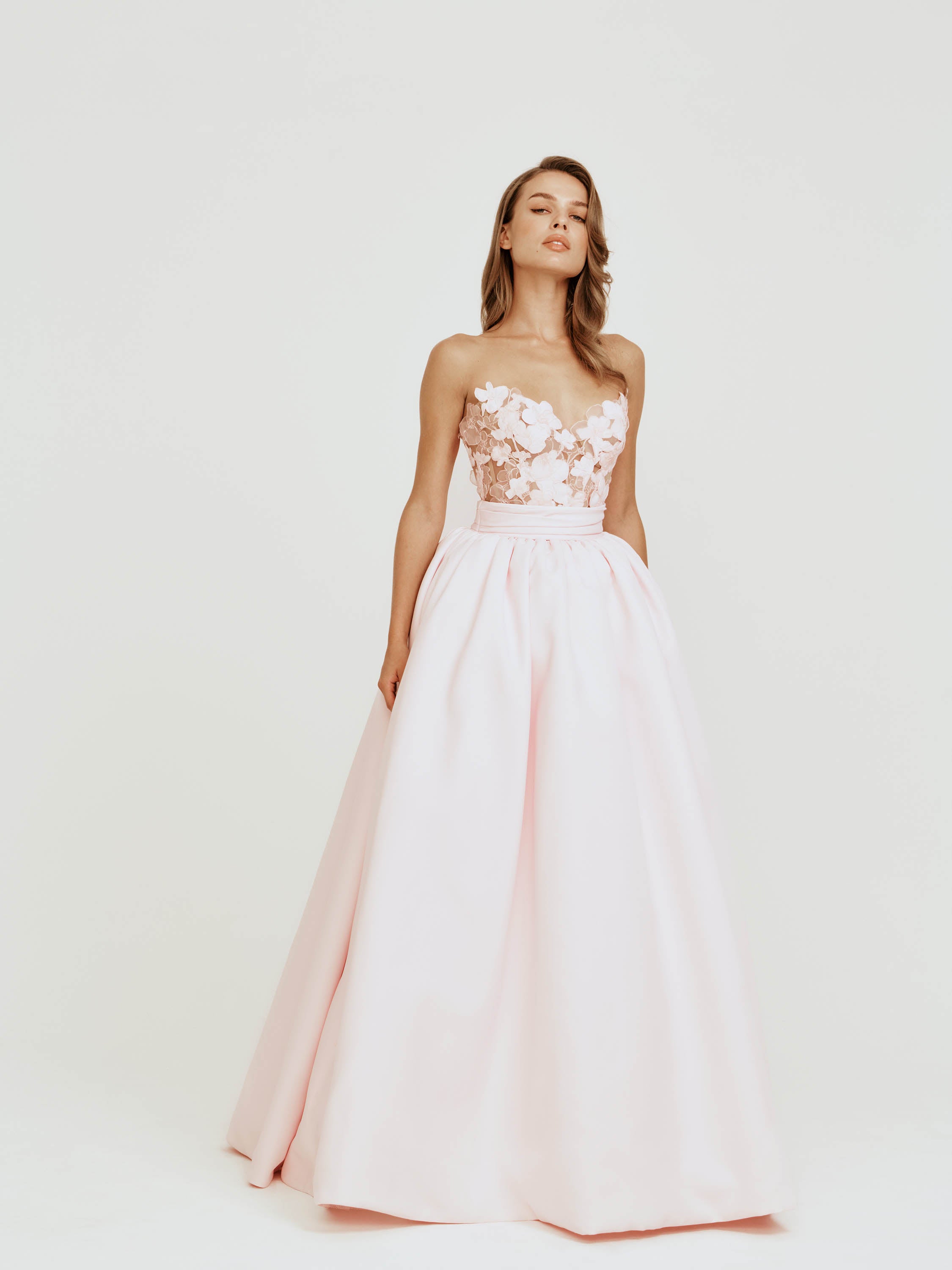 Strapless Dress with Mikado and Organza Flower Appliques | Nicole+