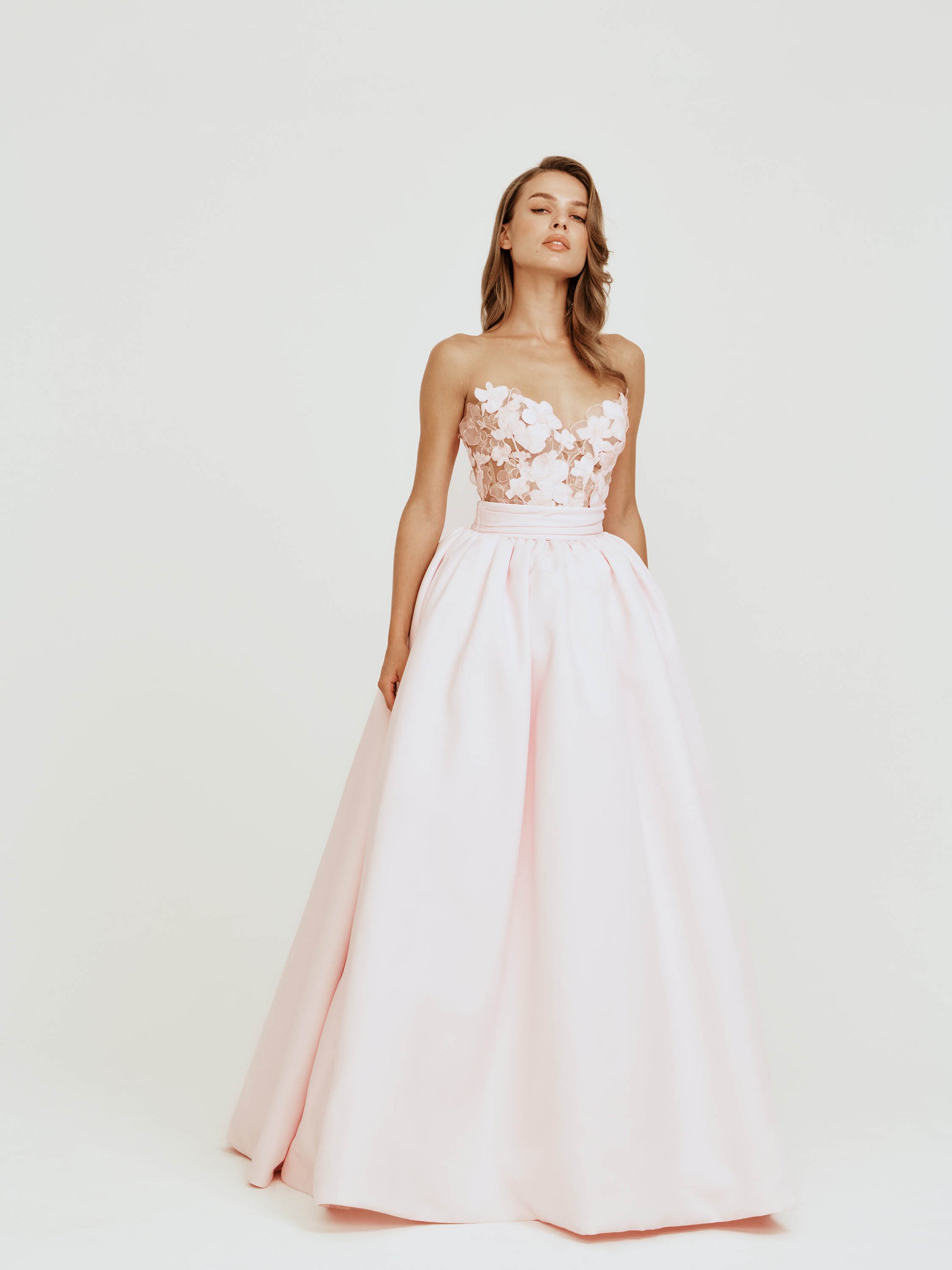 Strapless Dress with Mikado and Organza Flower Appliques