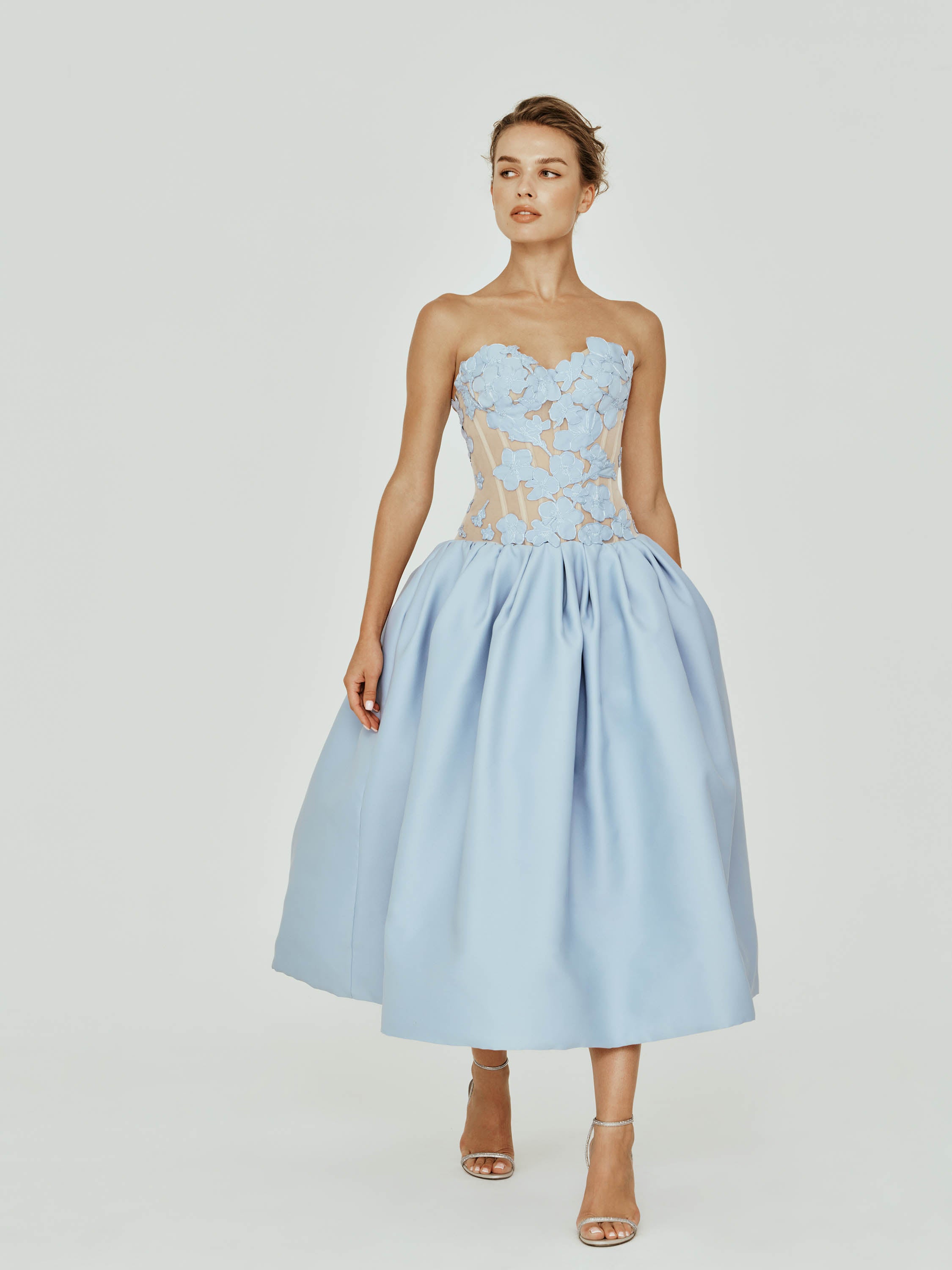 Drop Waist Midi Dress with Mikado Flower Appliques