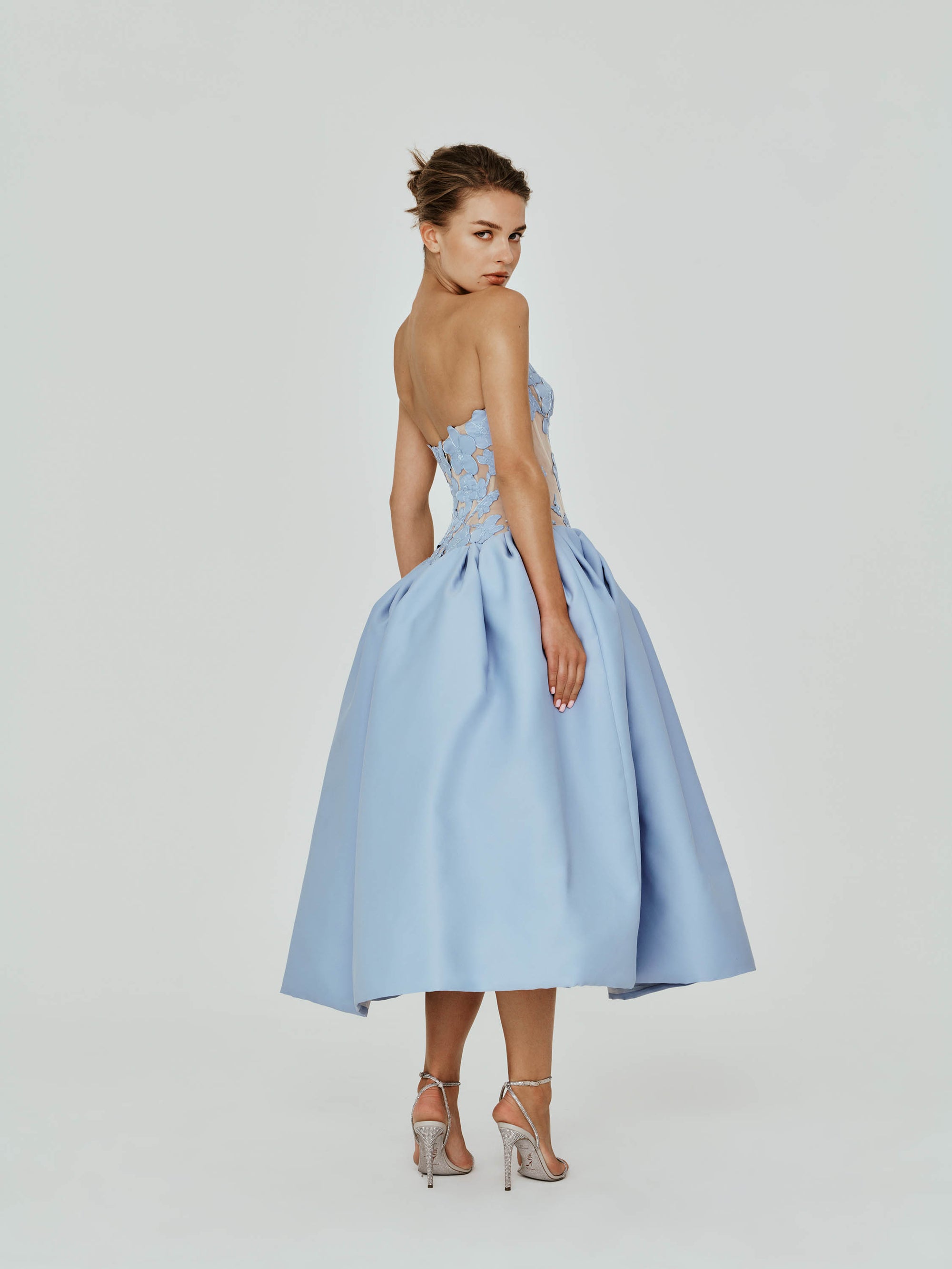 Drop Waist Midi Dress with Mikado Flower Appliques