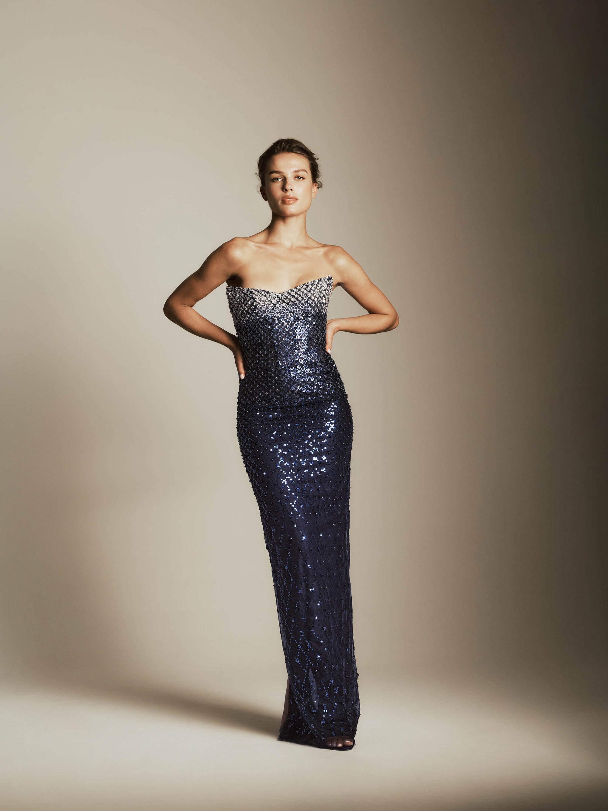 Strapless Column Dress with Gradient Beading