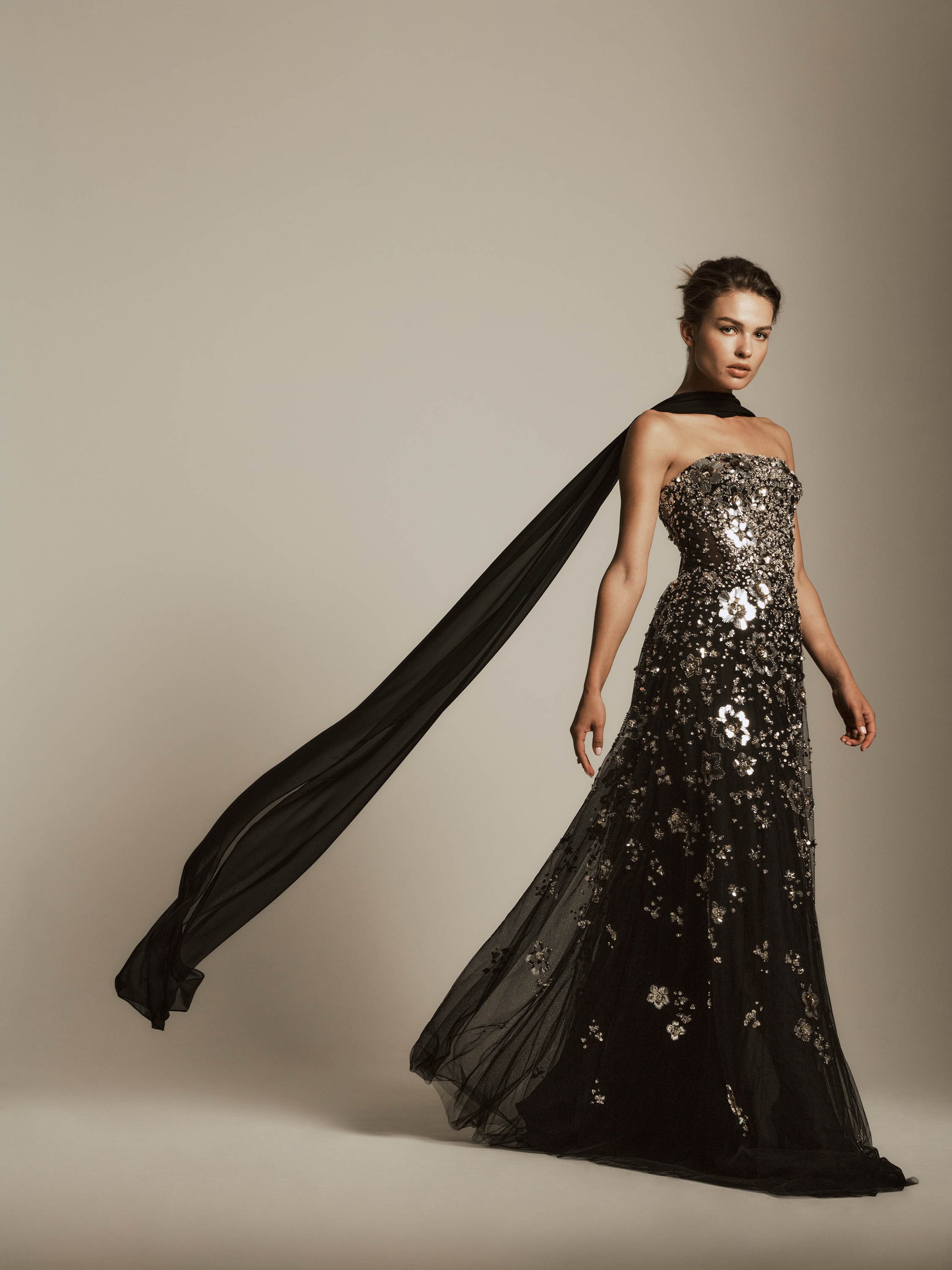 Chiffon Dress with Metallic Flower Detail and Chiffon Scarf