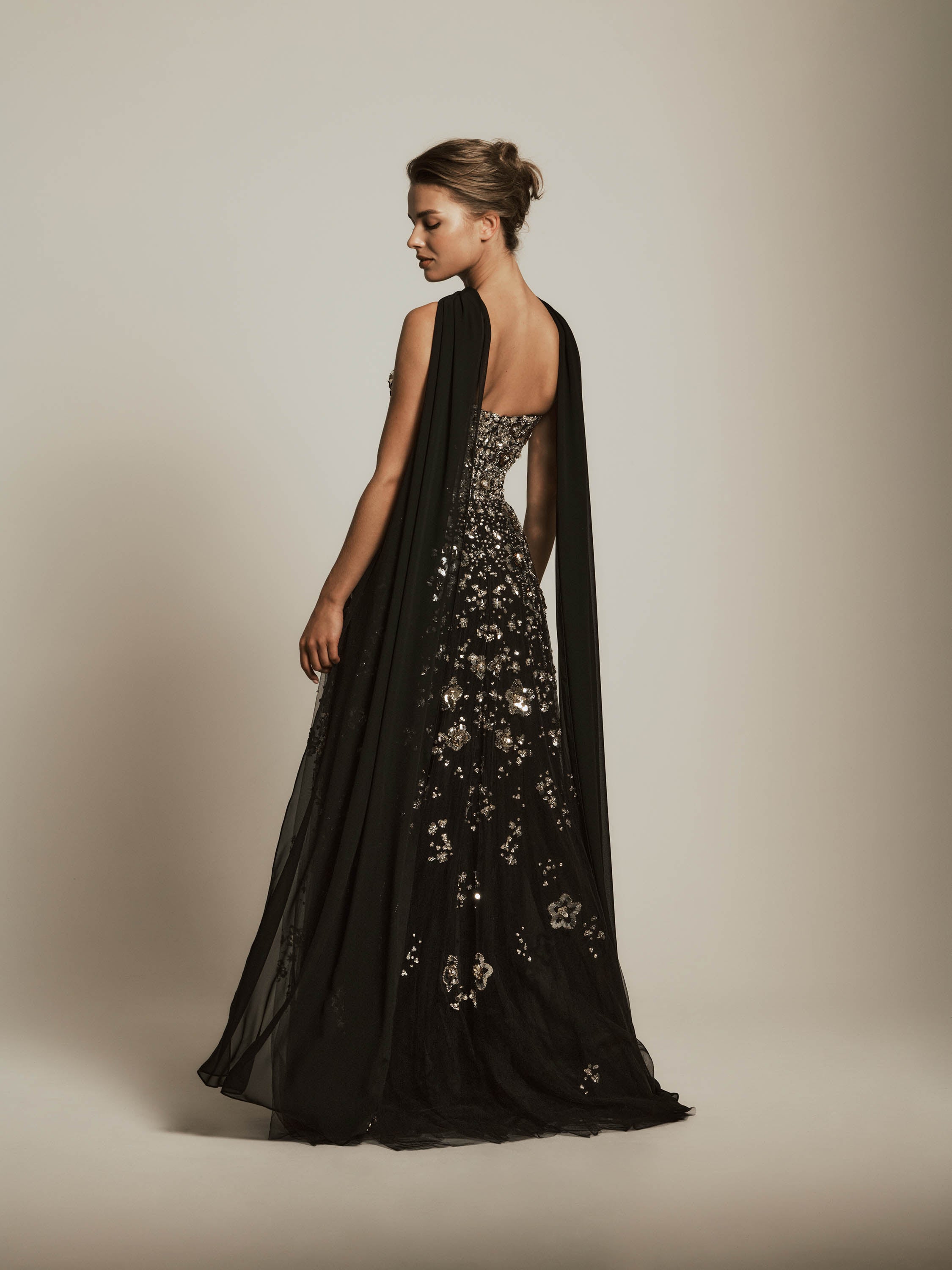 Chiffon Dress with Metallic Flower Detail and Chiffon Scarf