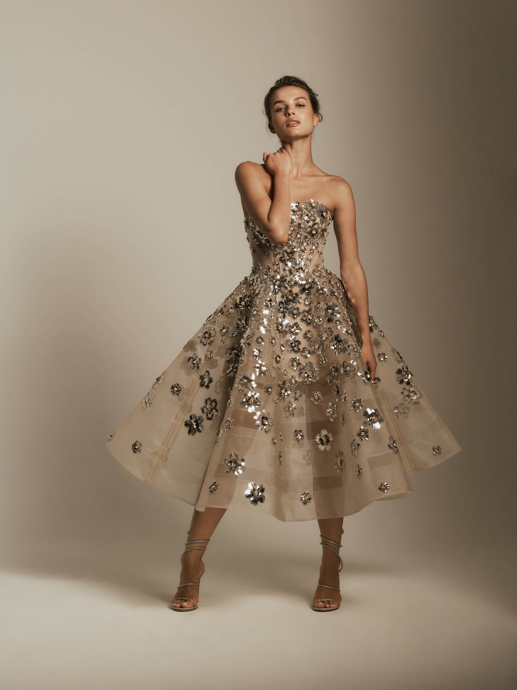 Strapless Midi Dress with Metallic Flower Detail