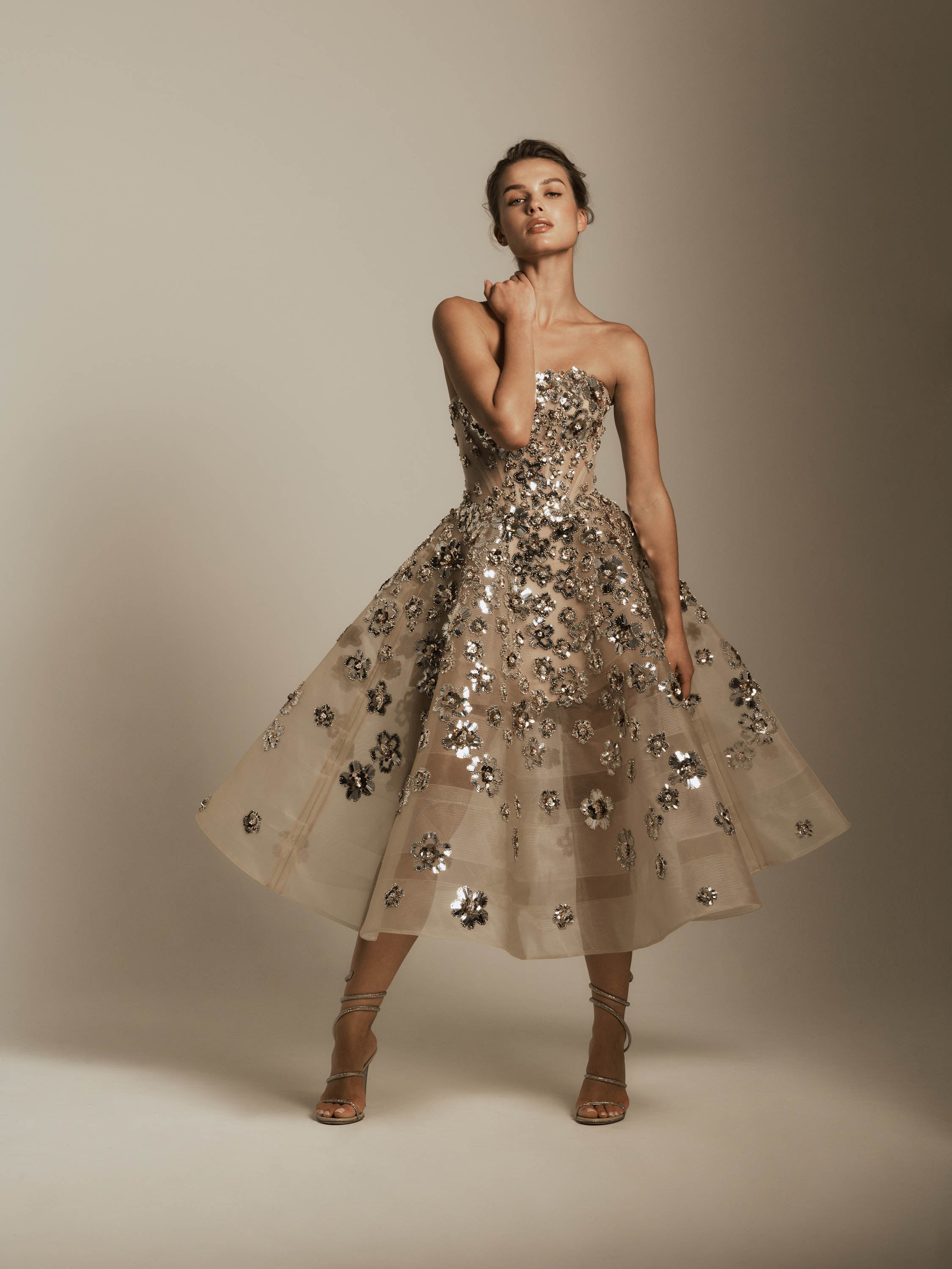 Strapless Midi Dress with Metallic Flower Detail