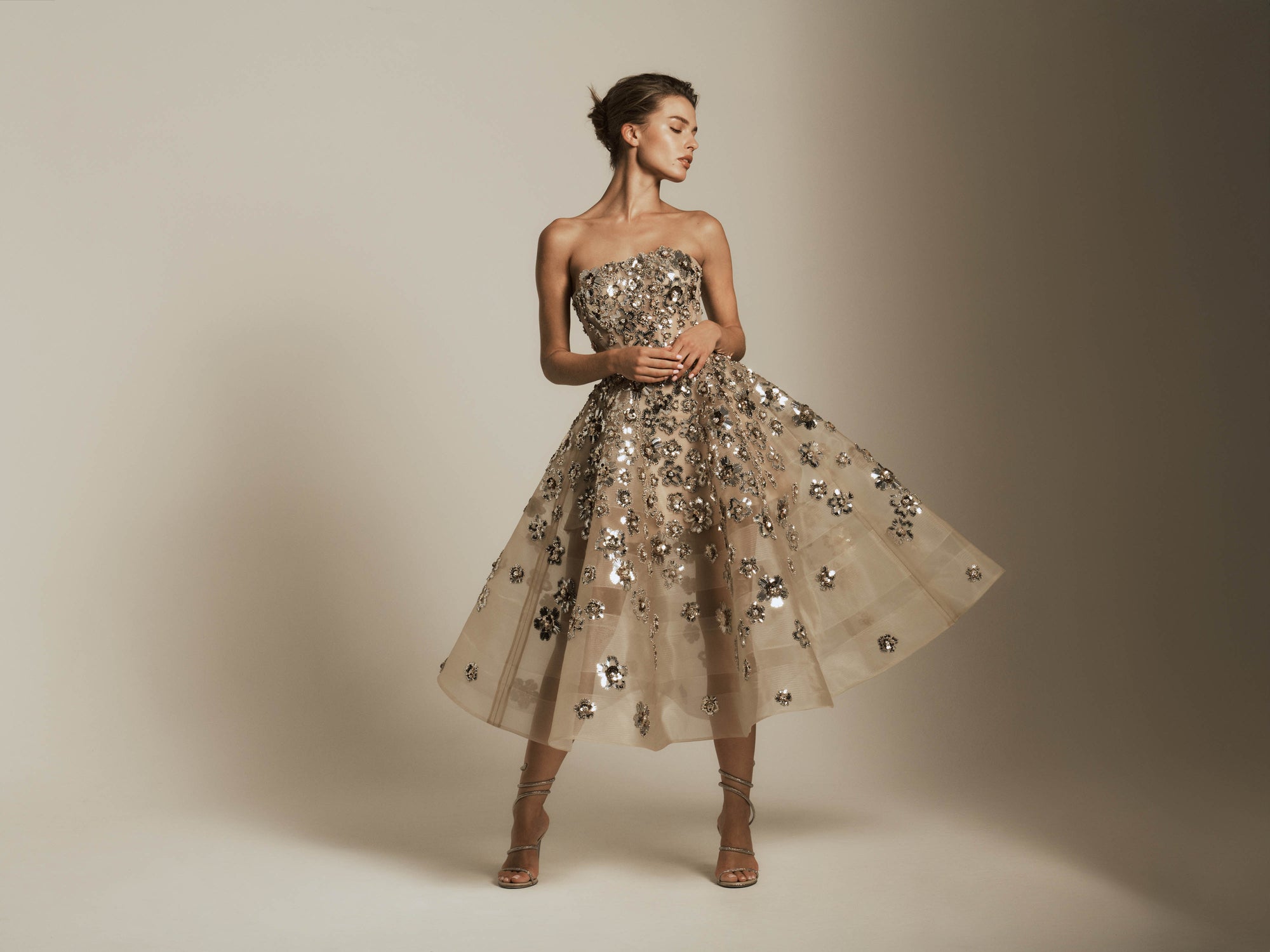 Strapless Midi Dress with Metallic Flower Detail