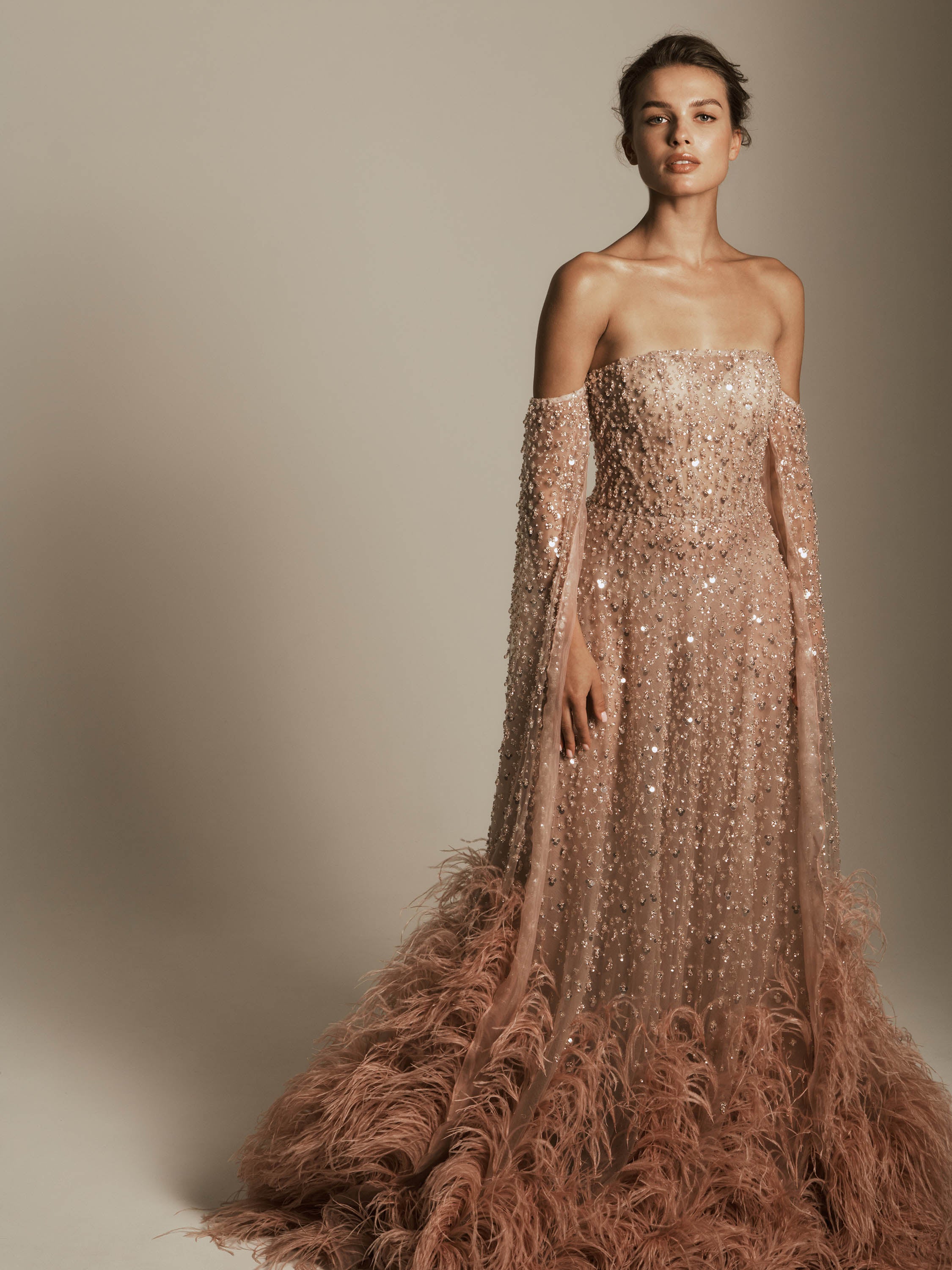Beaded Gown with Feather Detail