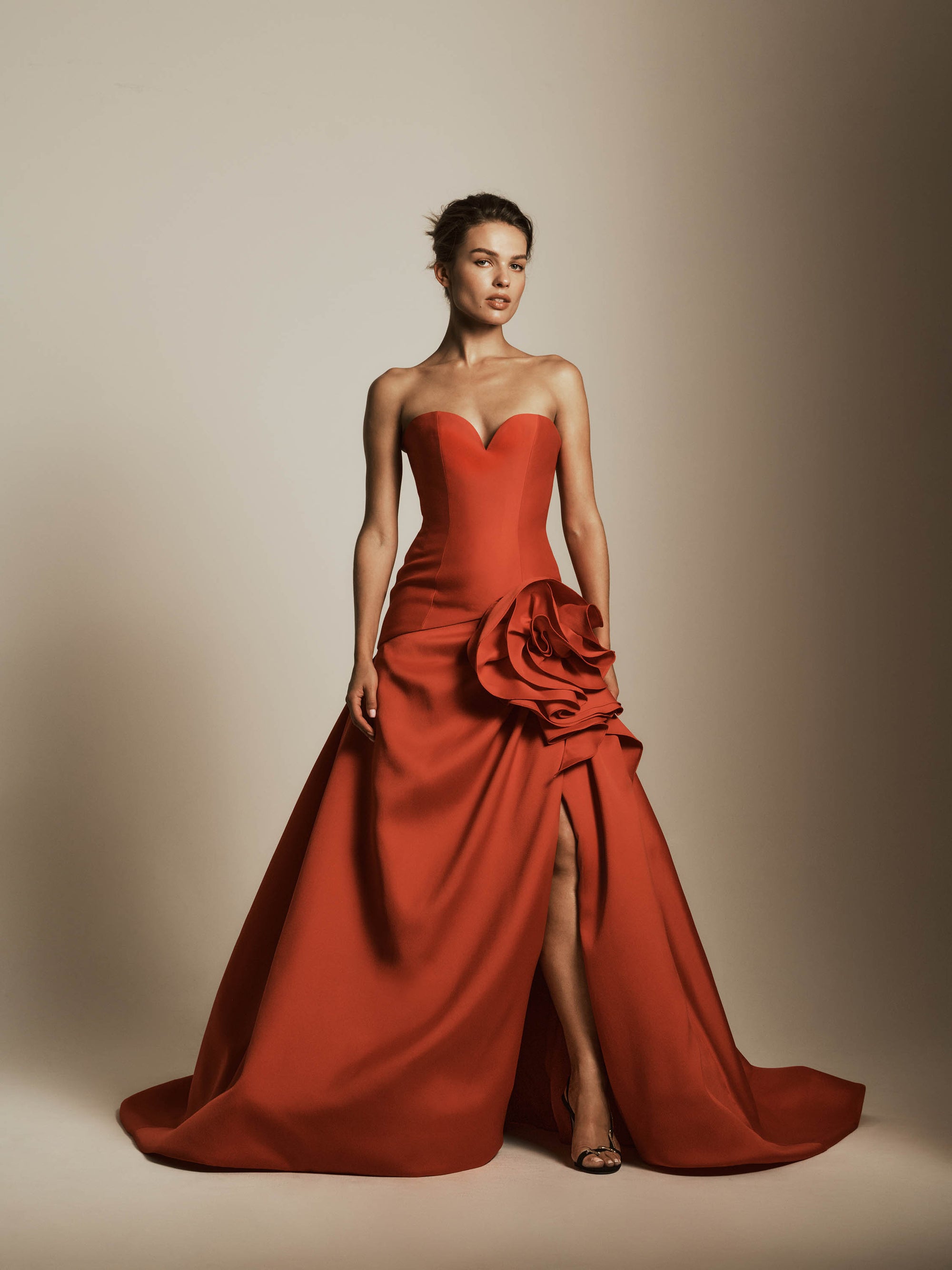 Drop Waist Sweetheart Gown with Flower Detail