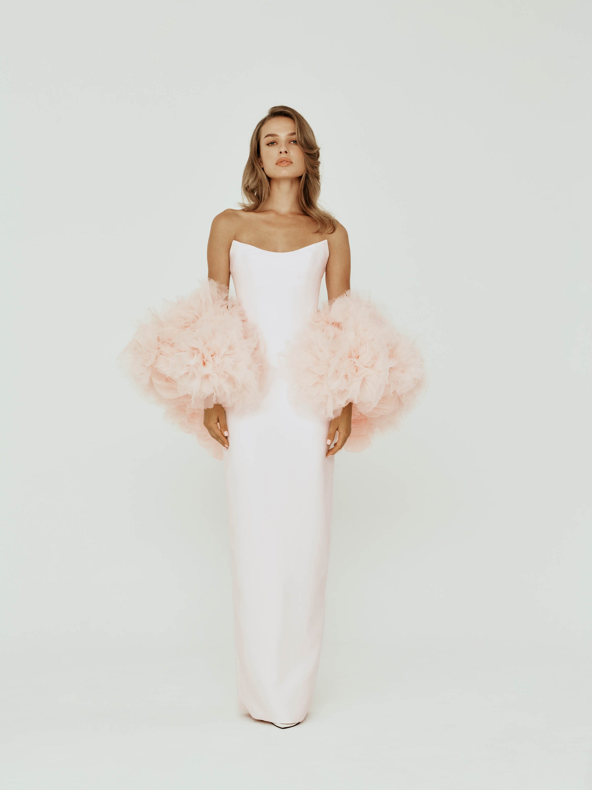 Strapless Cateye Column Dress with Organza Ruffle Bolero