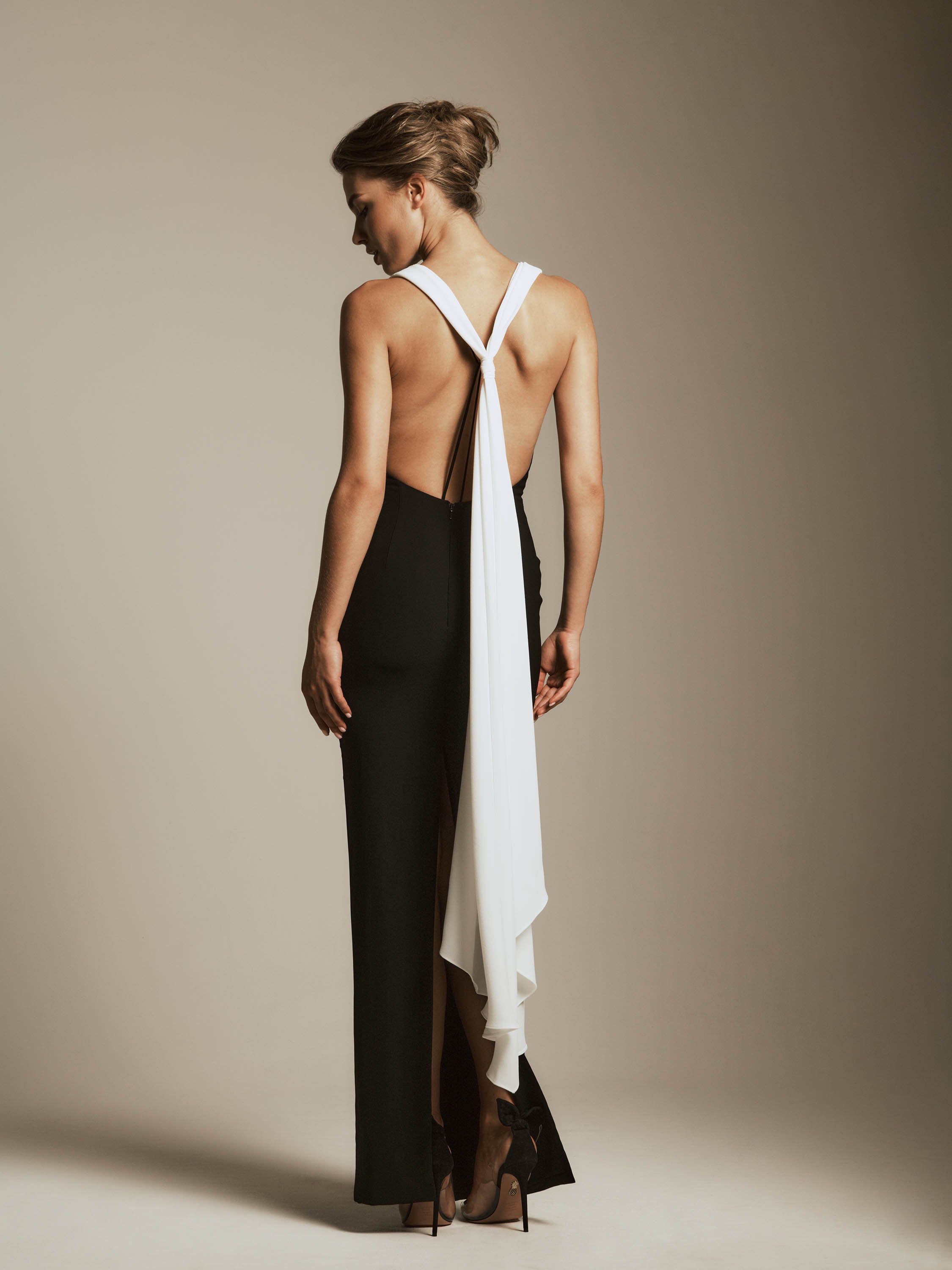 Stretch Crepe Bodycon Dress with Low Back and Scarf