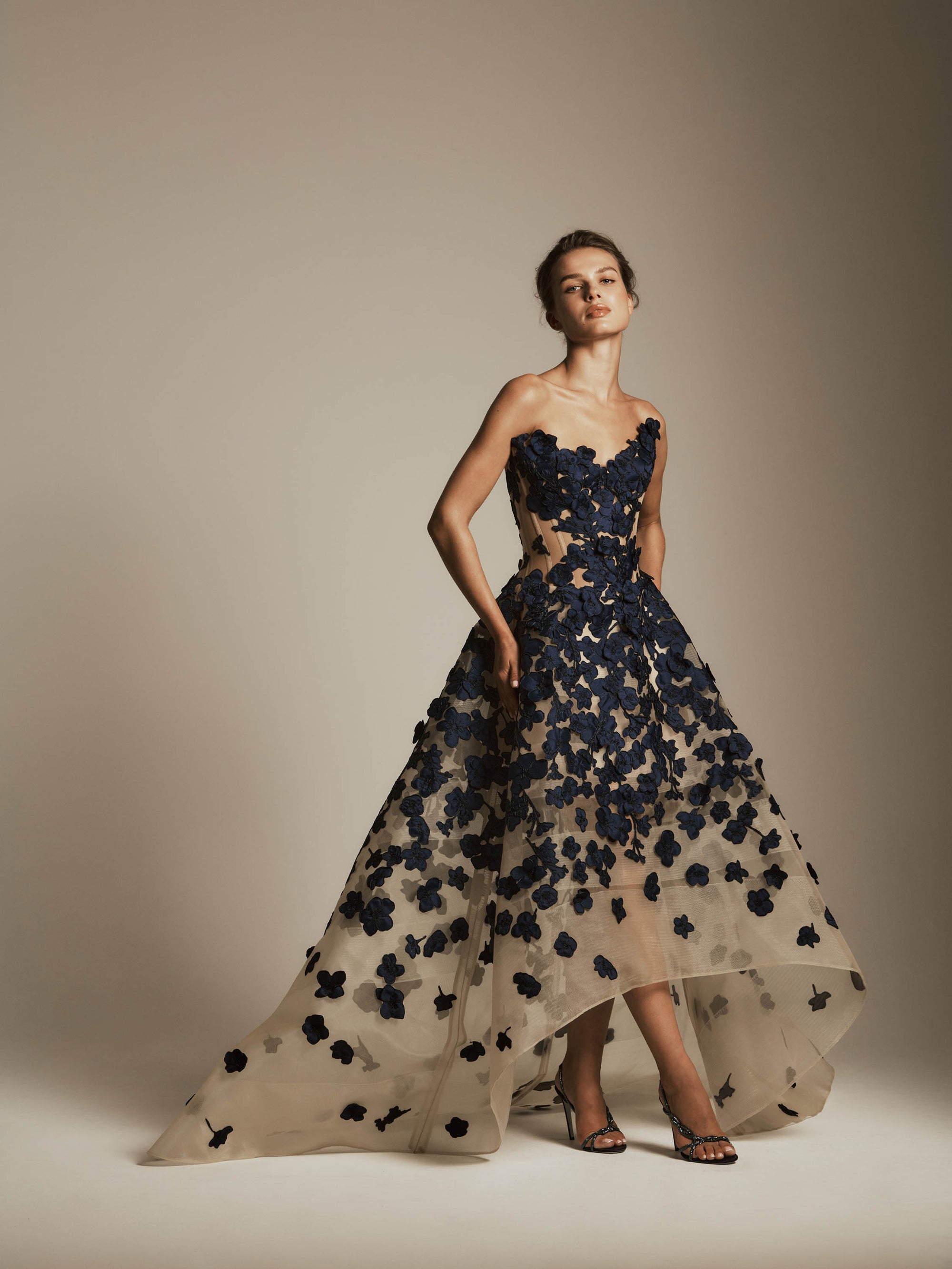 High-low Dress with Mikado Flower Appliques