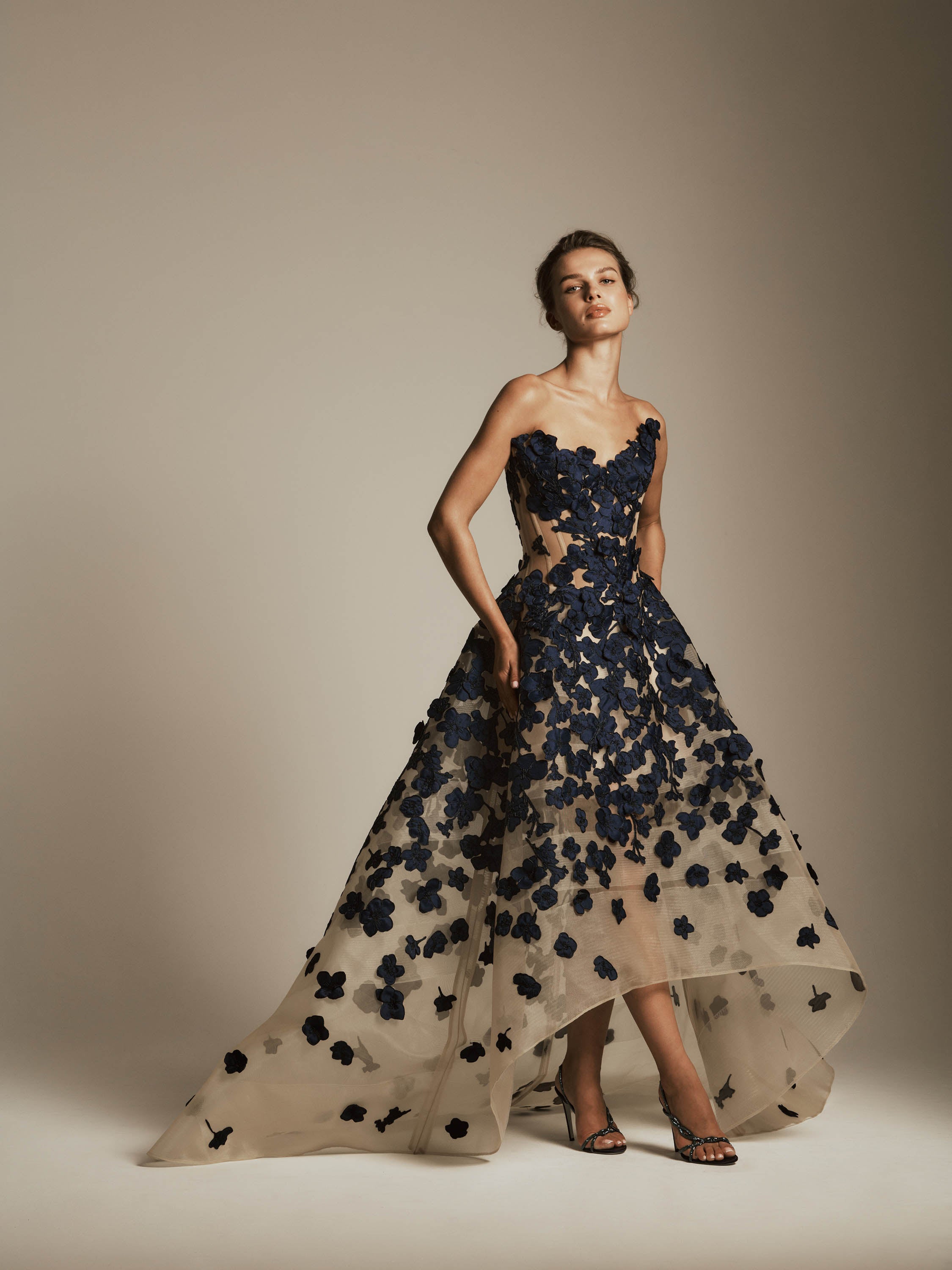 High-low Dress with Mikado Flower Appliques