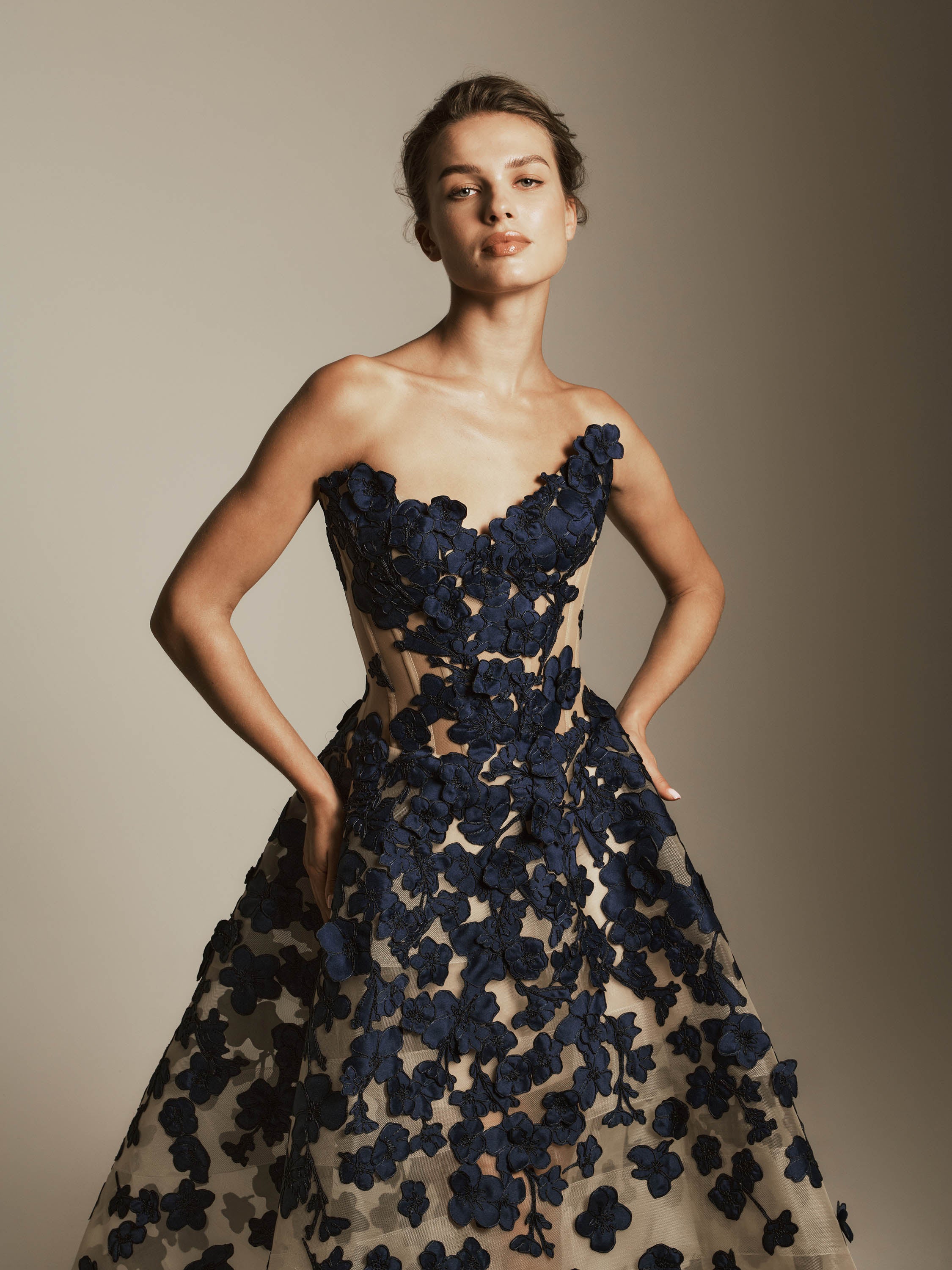 High-low Dress with Mikado Flower Appliques
