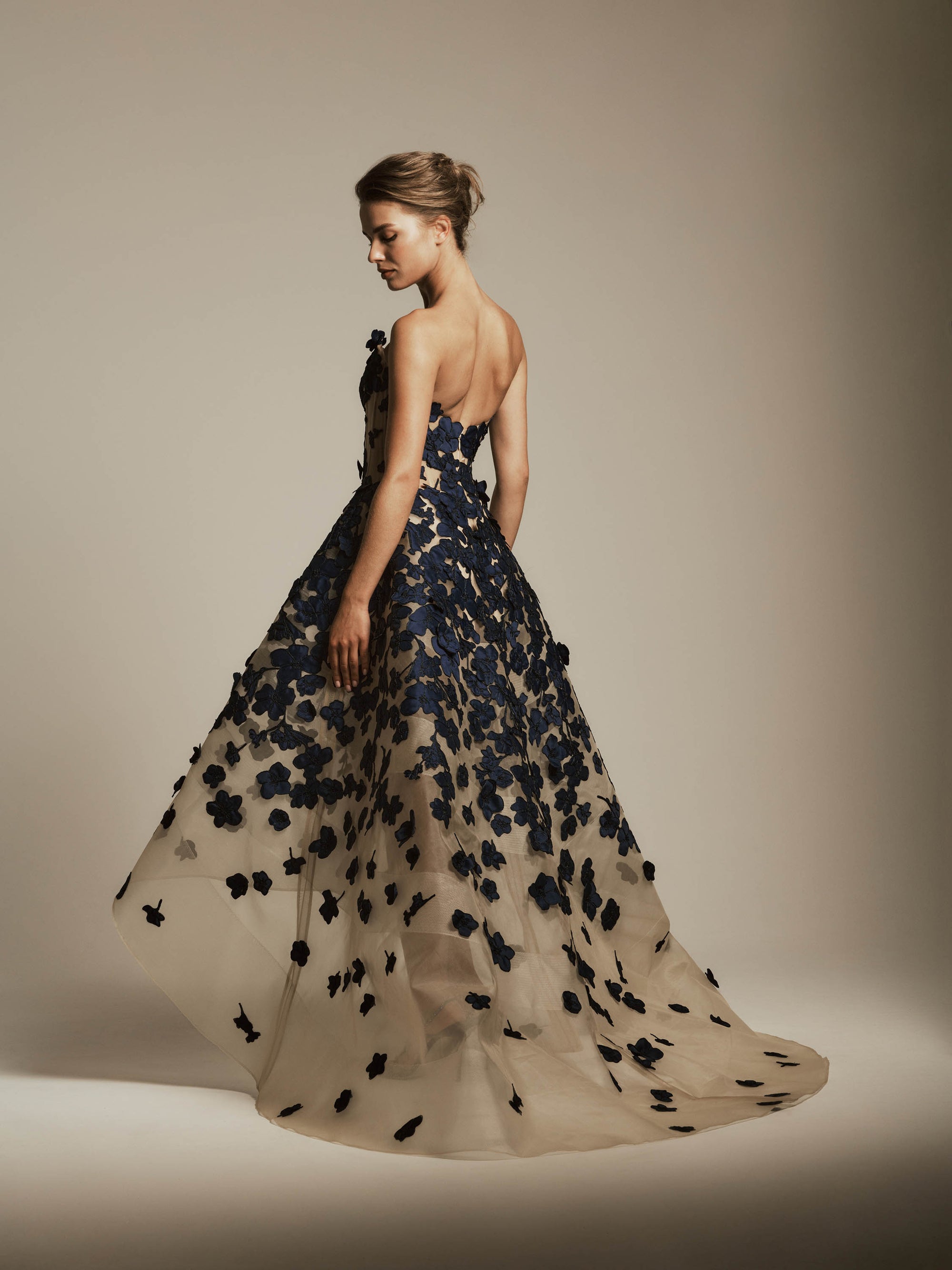 High-low Dress with Mikado Flower Appliques