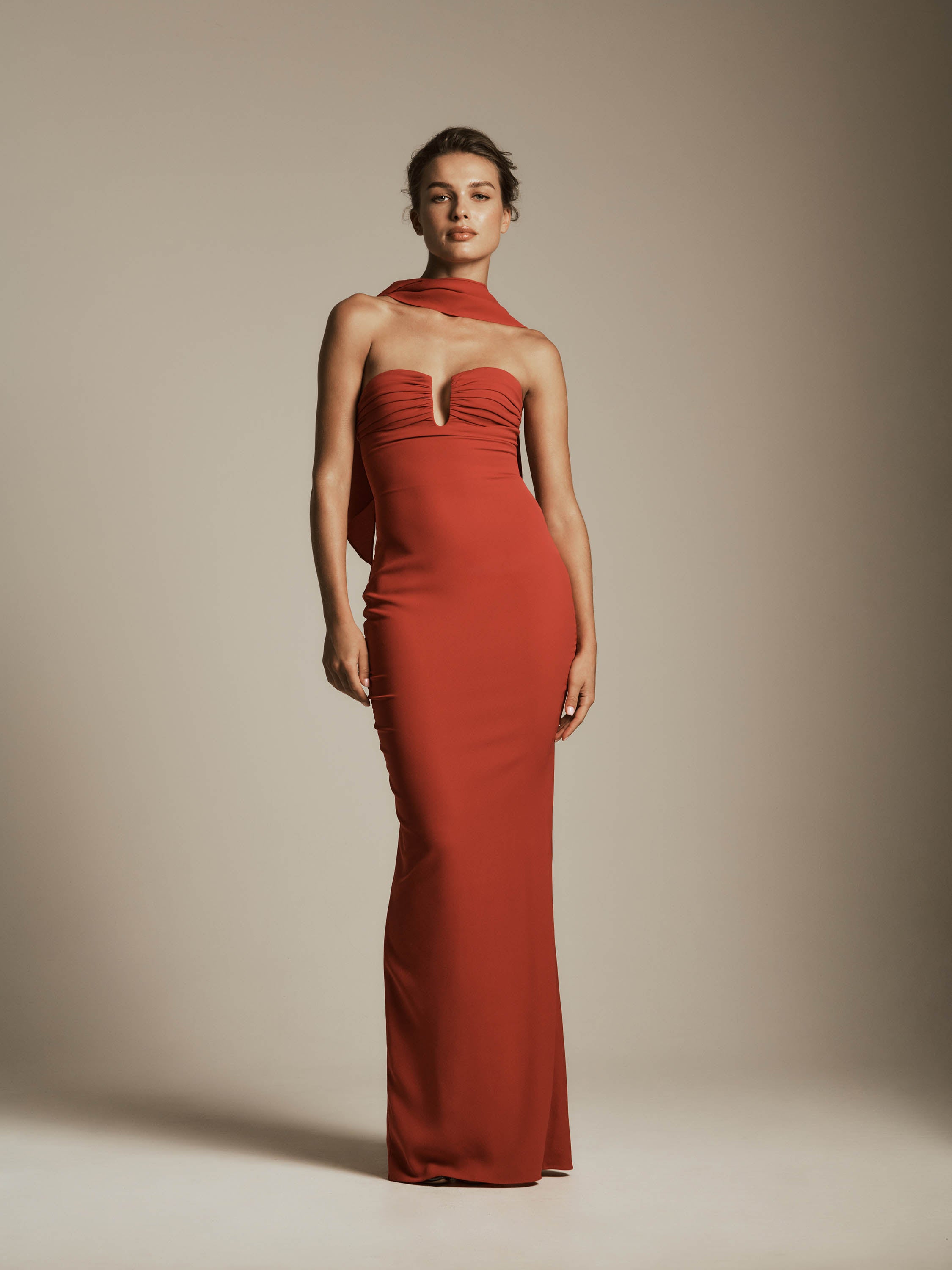 Strapless Dress with Neckline Cutout and Scarf