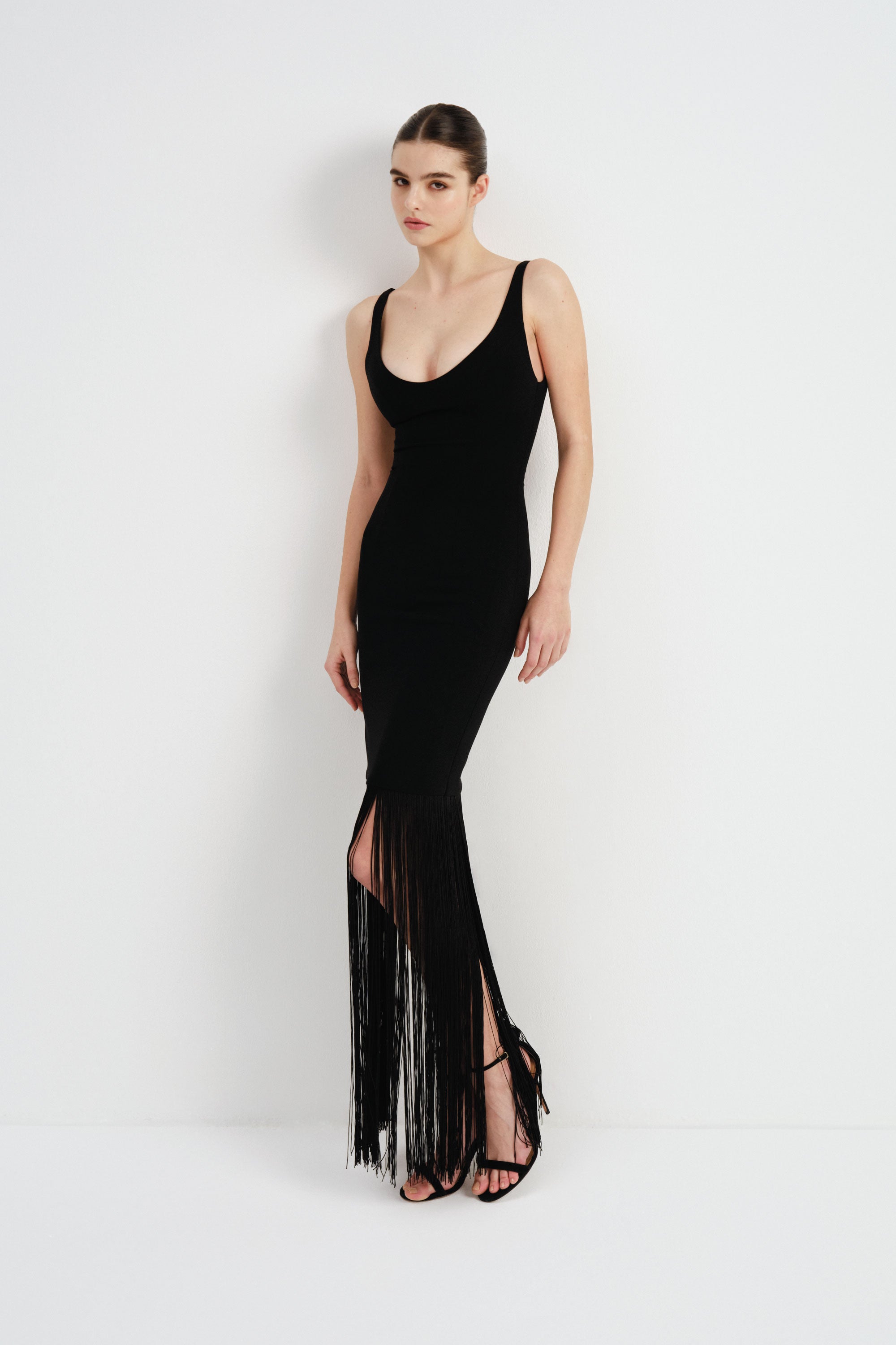 Crepe Dress with Fringe Detail in Black
