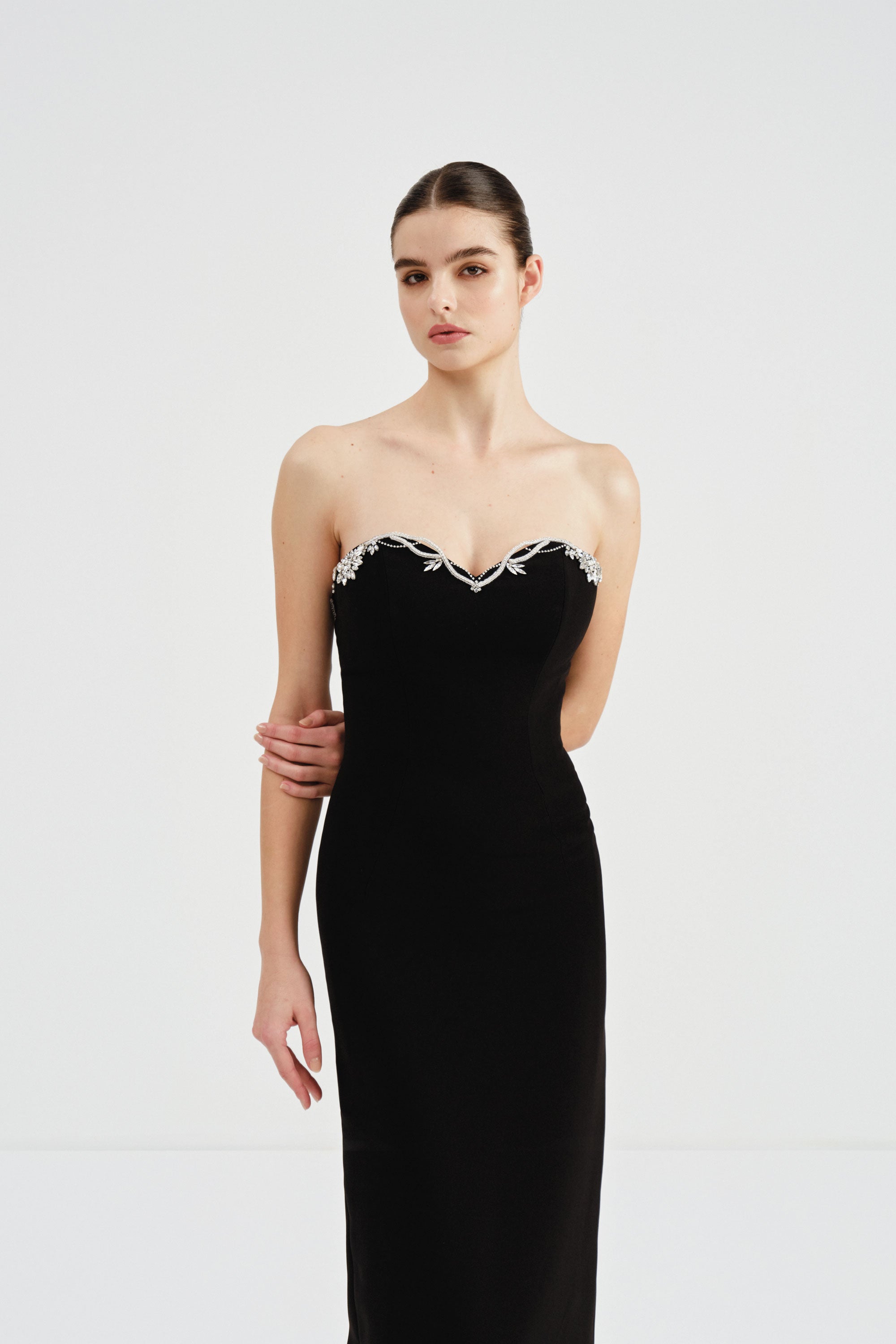 Crepe Dress with Crystal Embellished Neckline