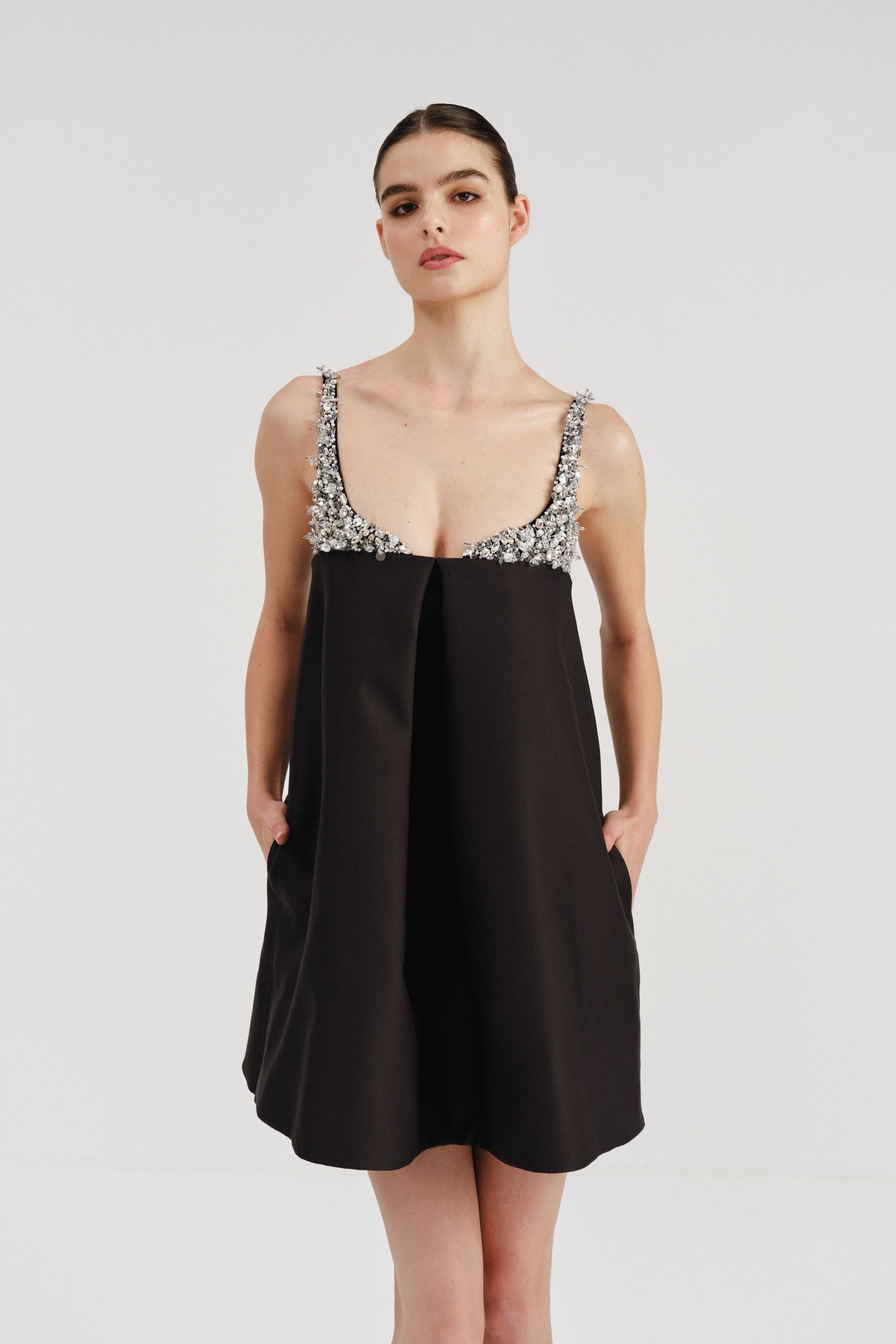 Crystal Embellished Babydoll Dress in Black | Nicole+Felicia Crystal Embellished Babydoll Dress in Black | Nicole+Felicia