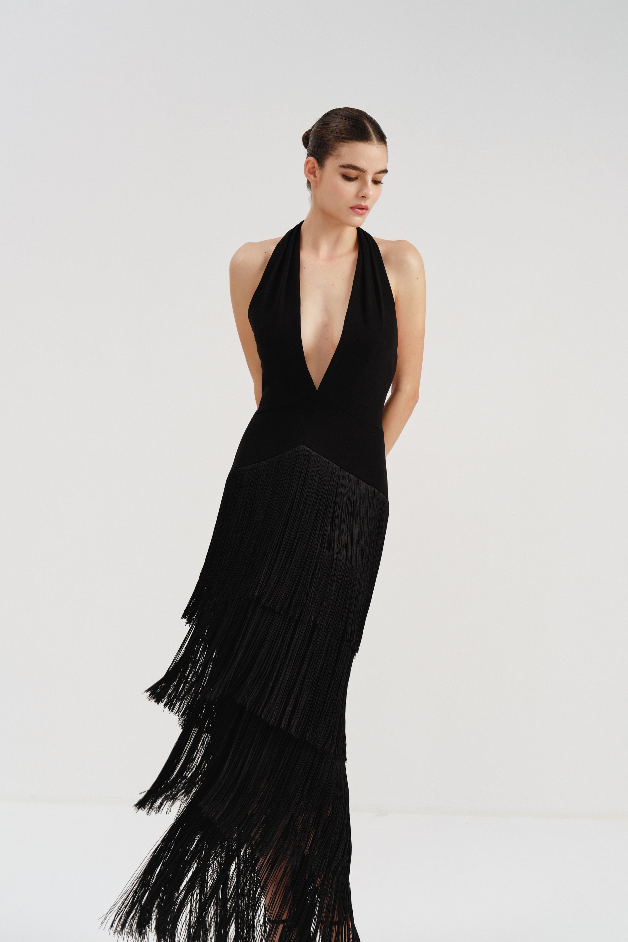 Halter Crepe Dress with Fringe Detail