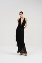 Halter Crepe Dress with Fringe Detail