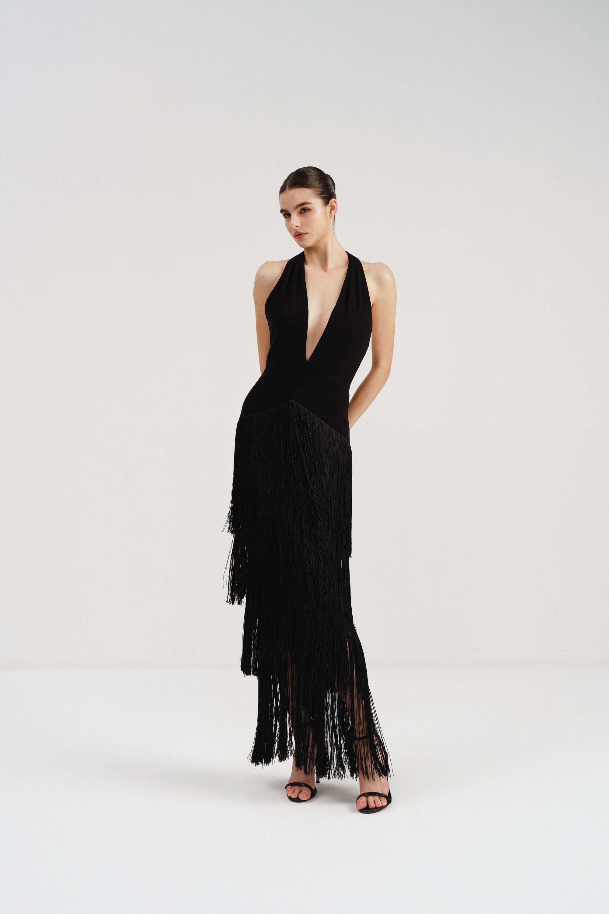 Halter Crepe Dress with Fringe Detail