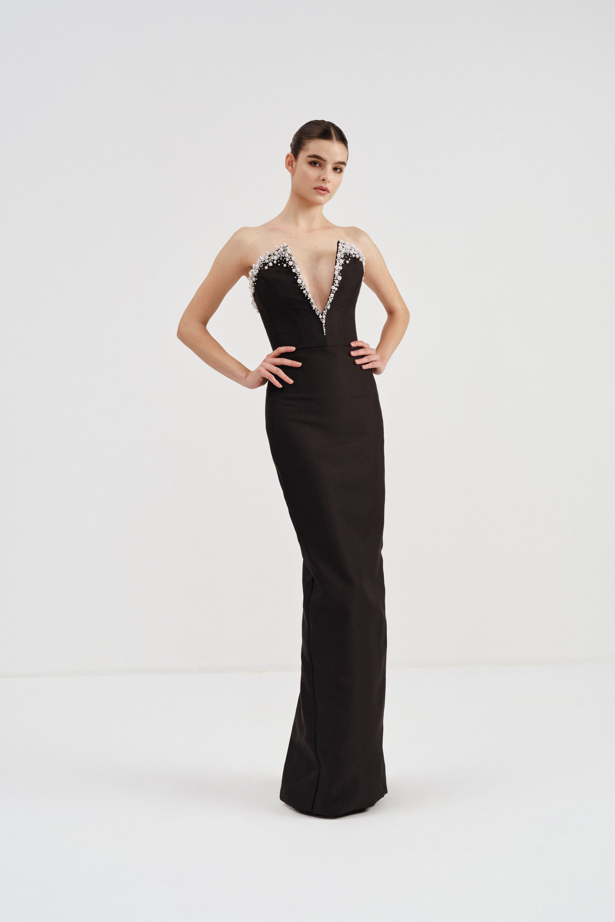Mikado Dress with Pearl Embellished Neckline | Nicole+Felicia