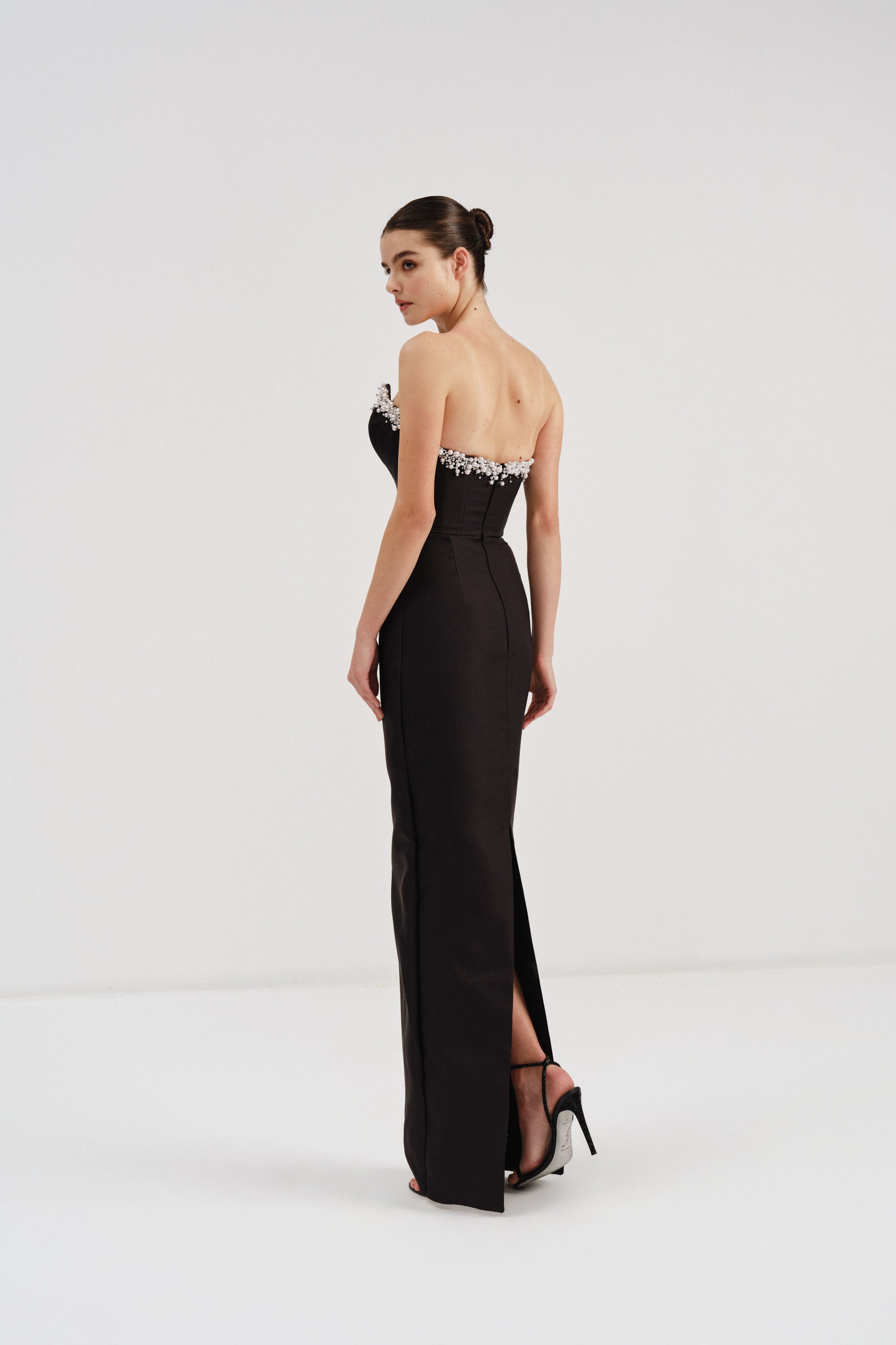 Mikado Dress with Pearl Embellished Neckline | Nicole+Felicia