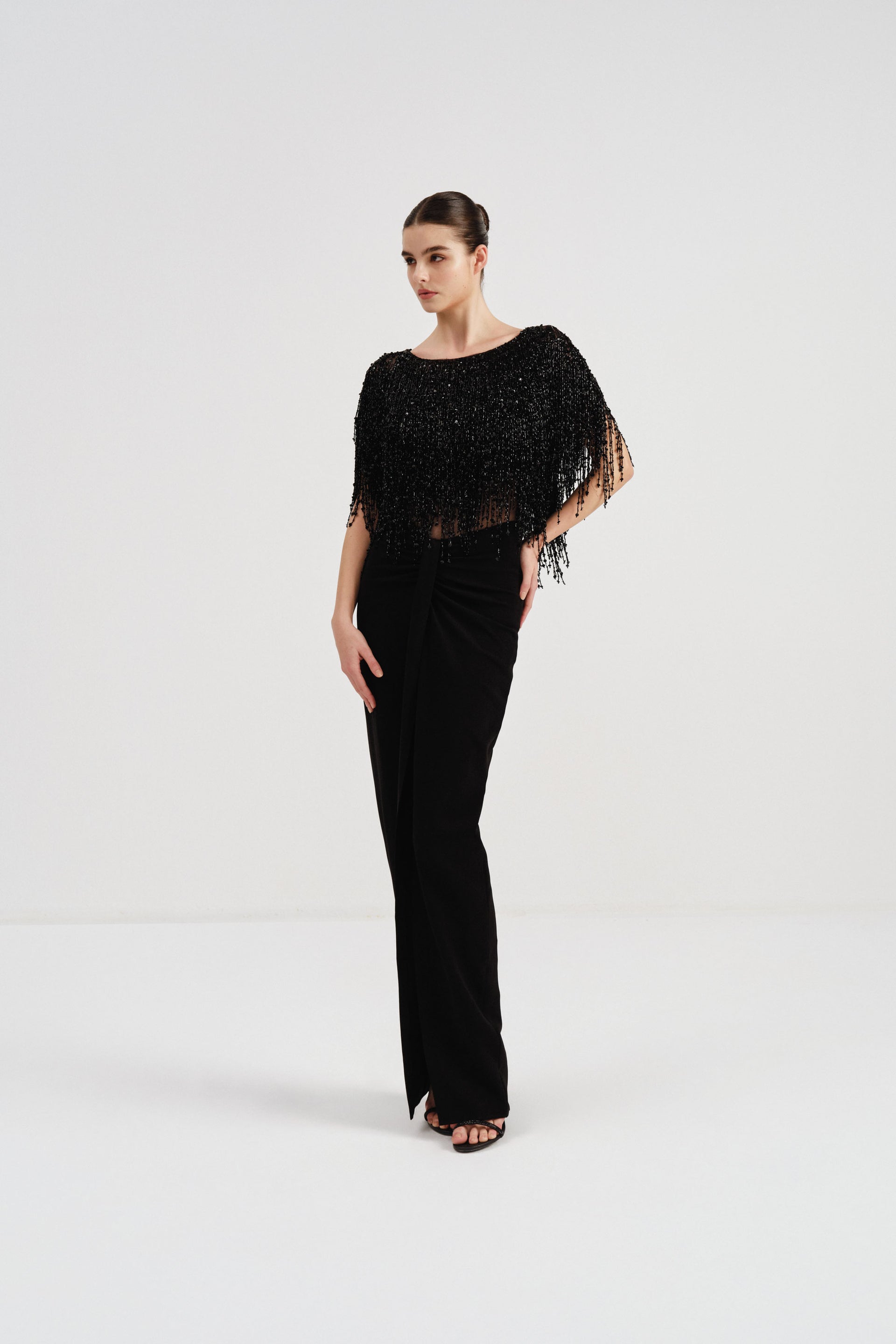 black beaded fringe dress Crepe Size:6XL | 40 (for waist size 44