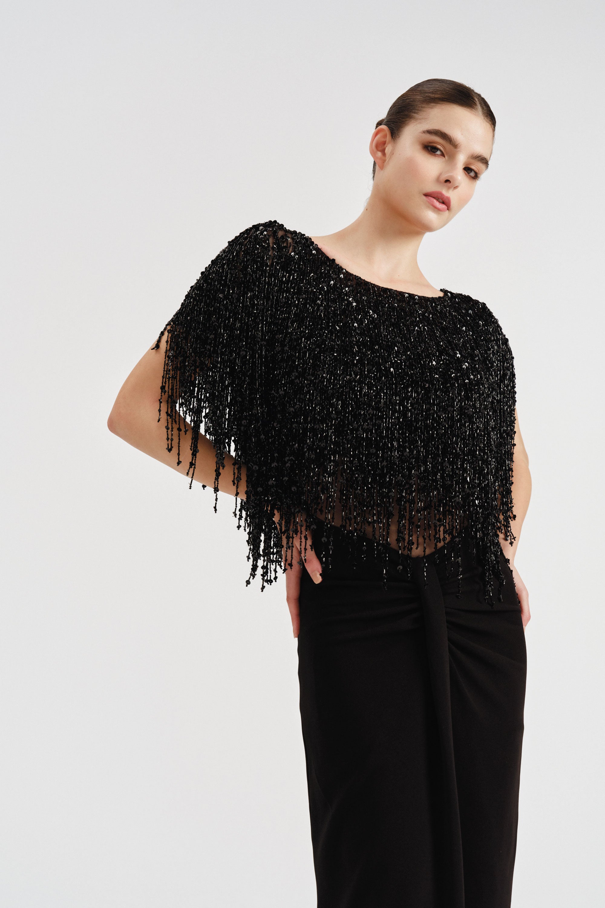 Beaded Fringe Crepe Dress | Nicole+Felicia Beaded Fringe Crepe Dress | Nicole+Felicia