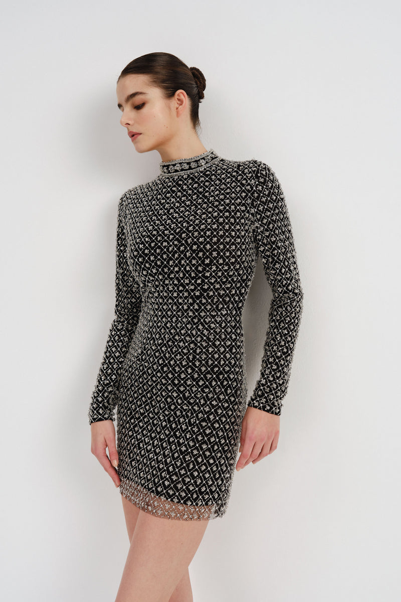 Long Sleeve Beaded Mini Dress