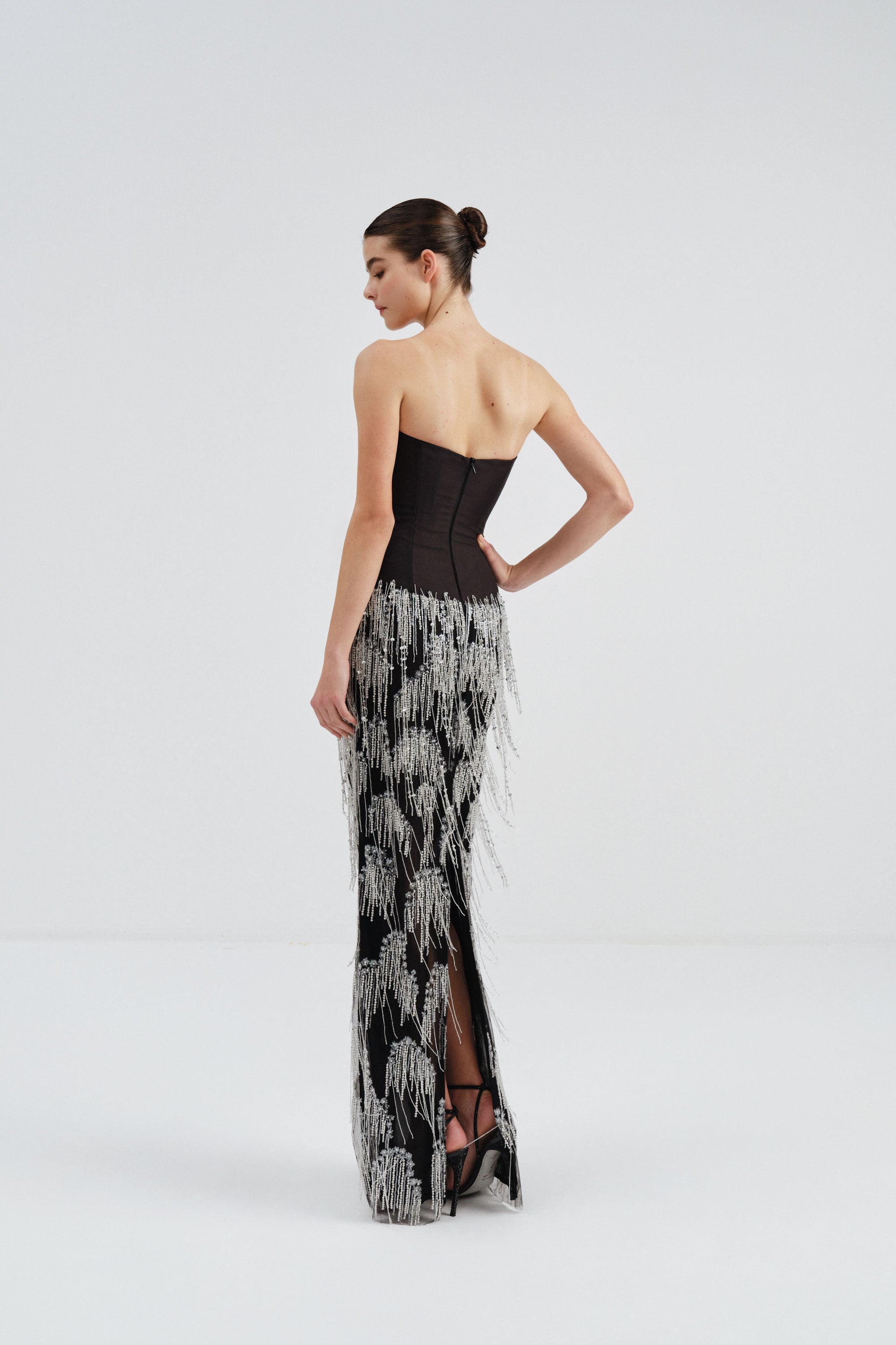 Mikado Dress with Beaded Fringe Skirt | Nicole+Felicia