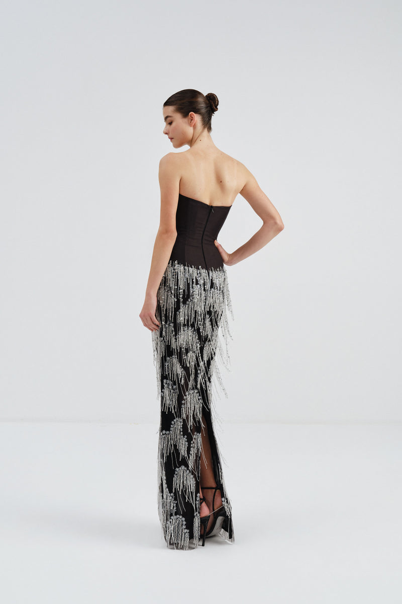 Mikado Dress with Beaded Fringe Skirt