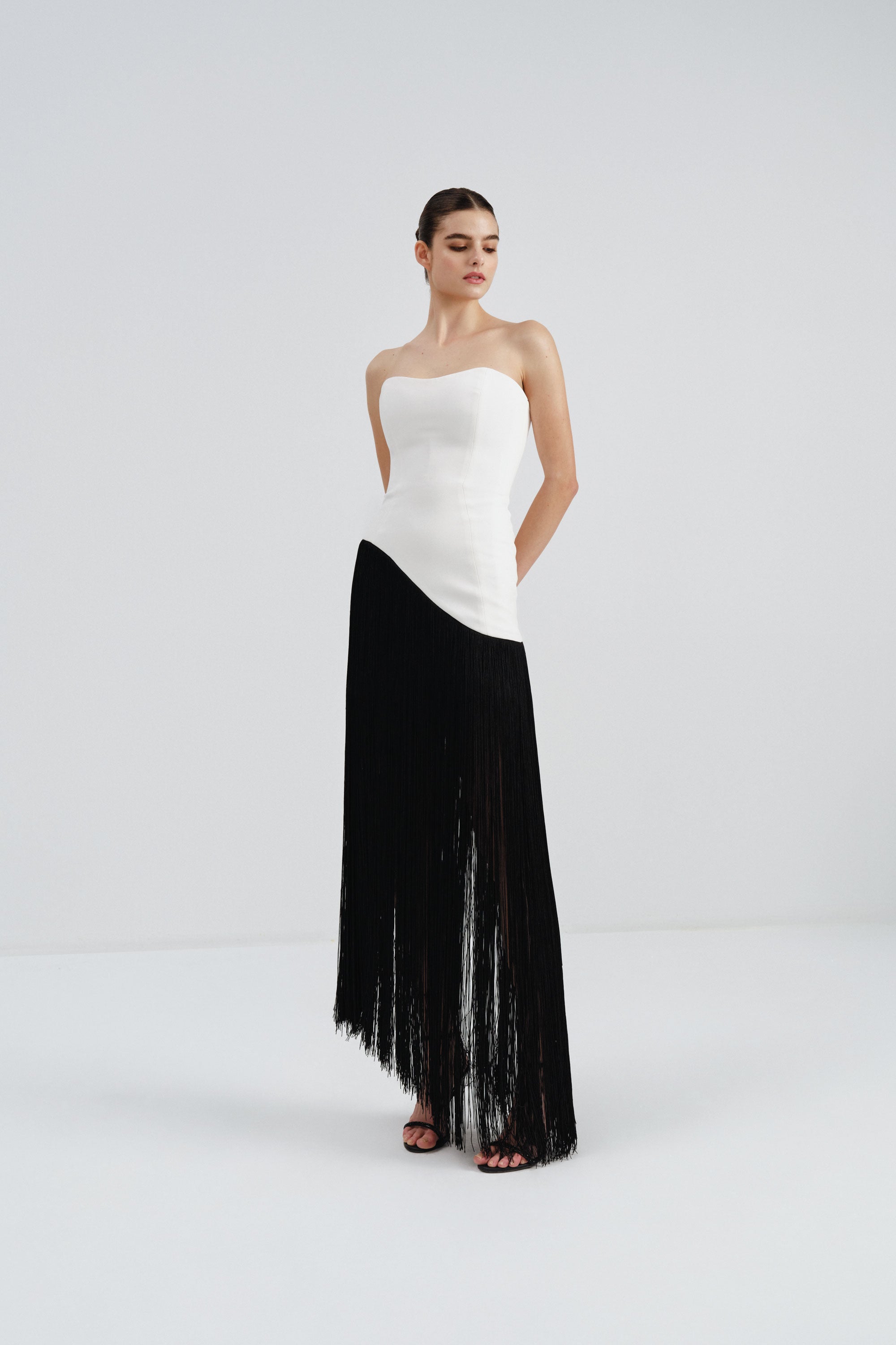 Strapless Crepe Dress with Fringe Detail | Nicole+Felicia Strapless Crepe Dress with Fringe Detail | Nicole+Felicia