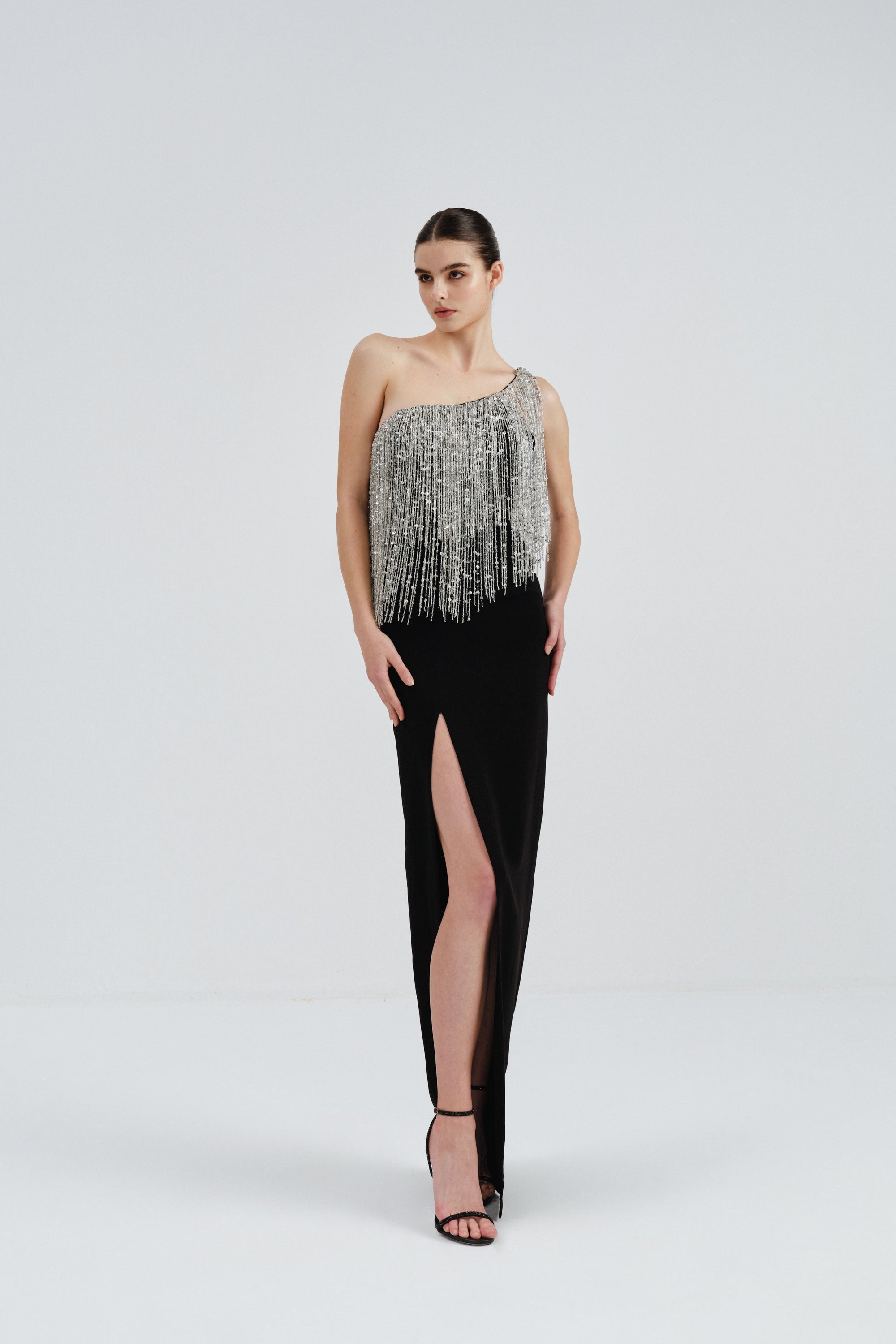 One-Shoulder Crepe Dress with Beaded Fringe Detail One-Shoulder Crepe Dress with Beaded Fringe Detail