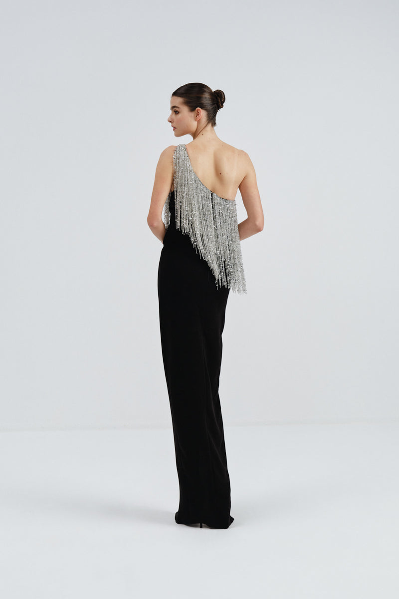 One-Shoulder Crepe Dress with Beaded Fringe Detail